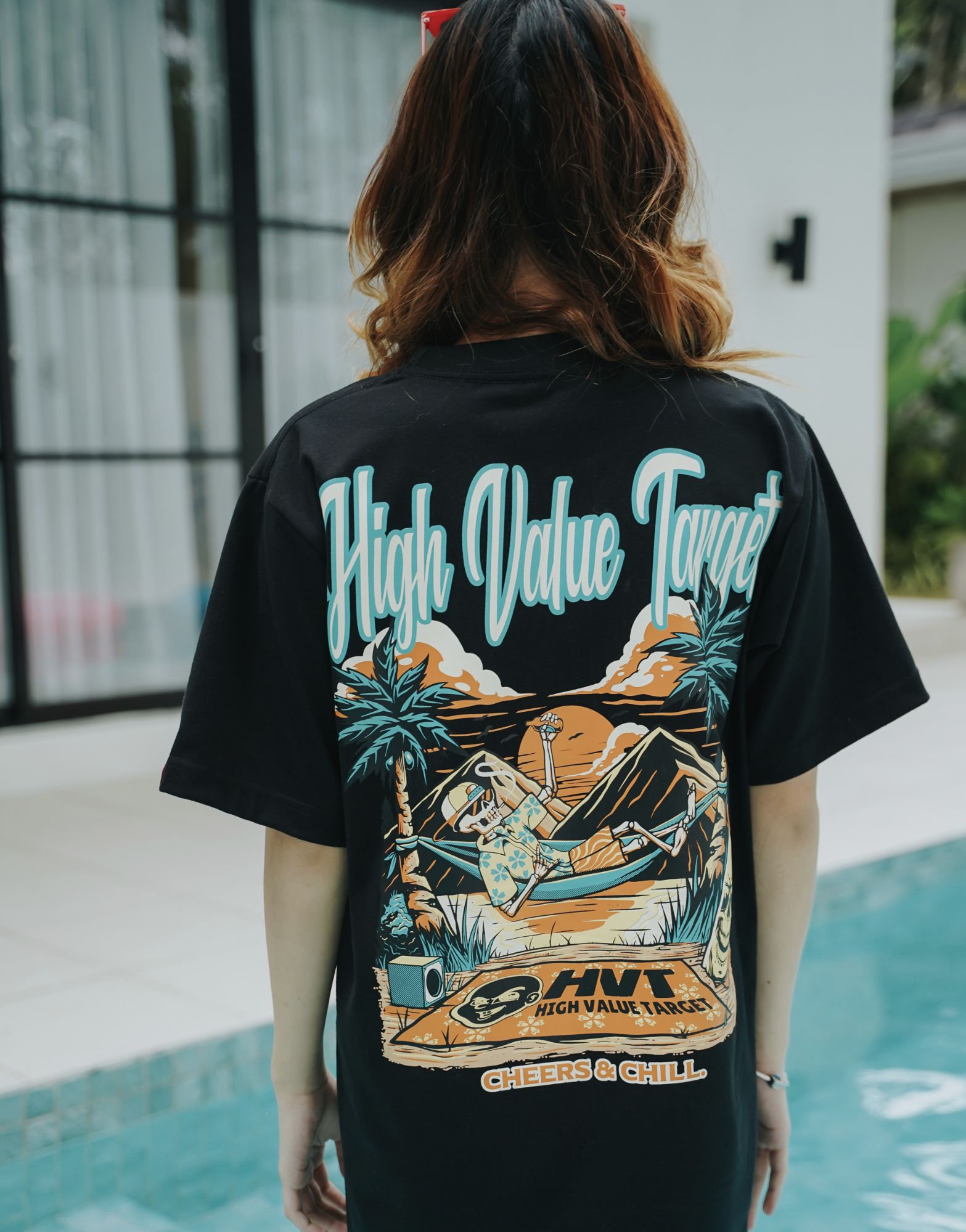 HIGH VALUE TARGET "CHEERS AND CHILL" (BLACK CVC Cotton Unisex T-SHIRT )