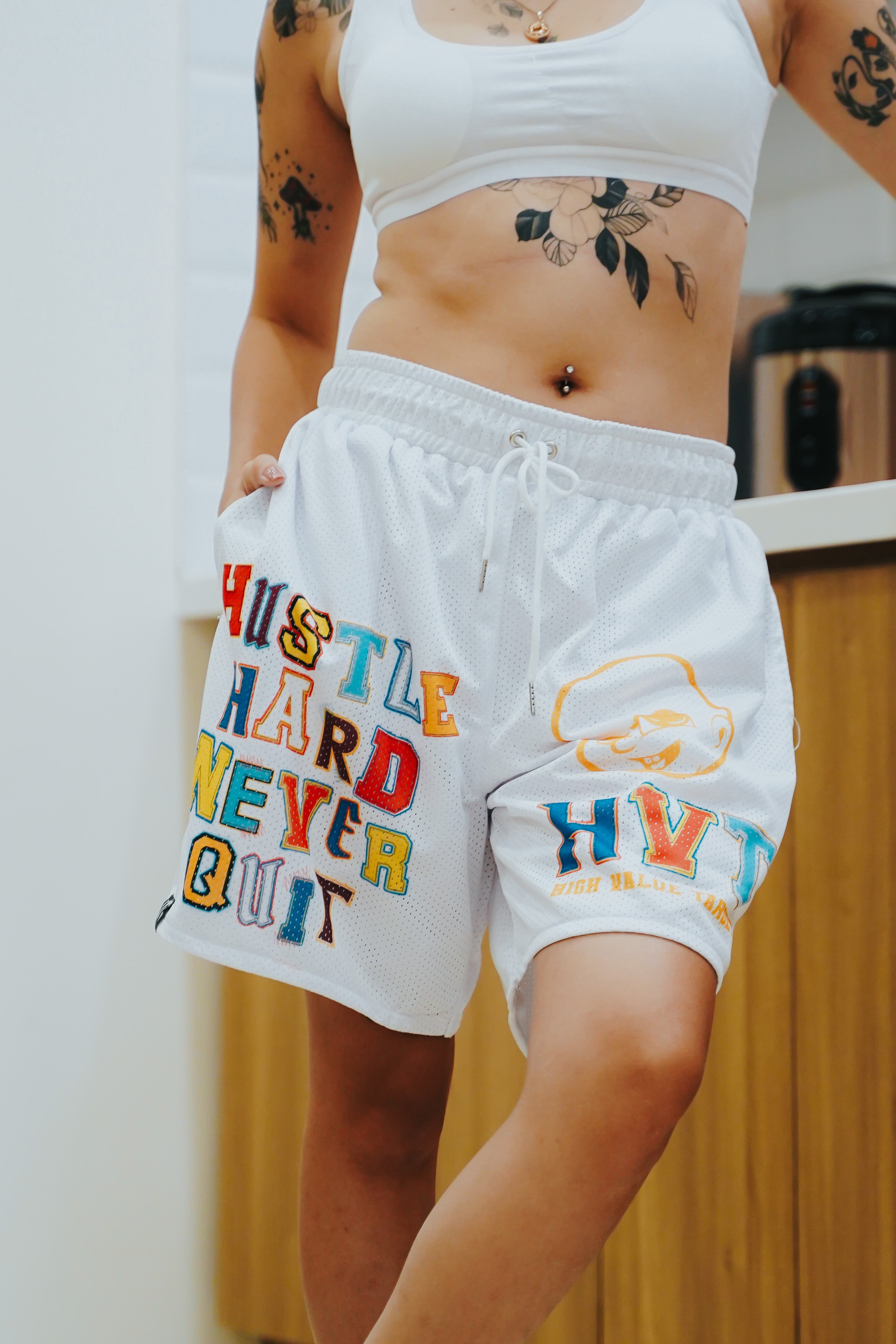 HIGH VALUE TARGET HUSTLE HARD MESH SHORT - WHITE