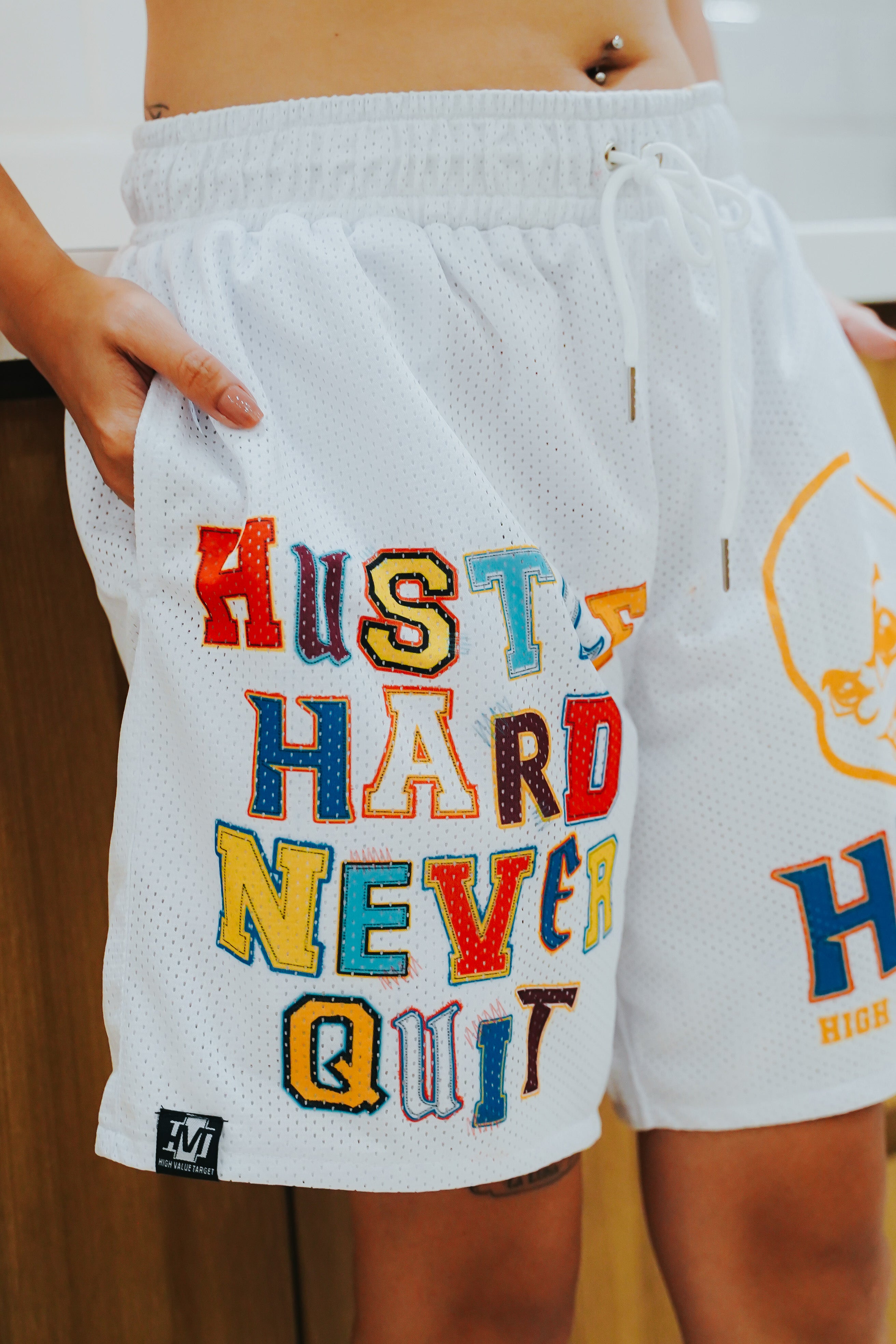 HIGH VALUE TARGET HUSTLE HARD MESH SHORT - WHITE