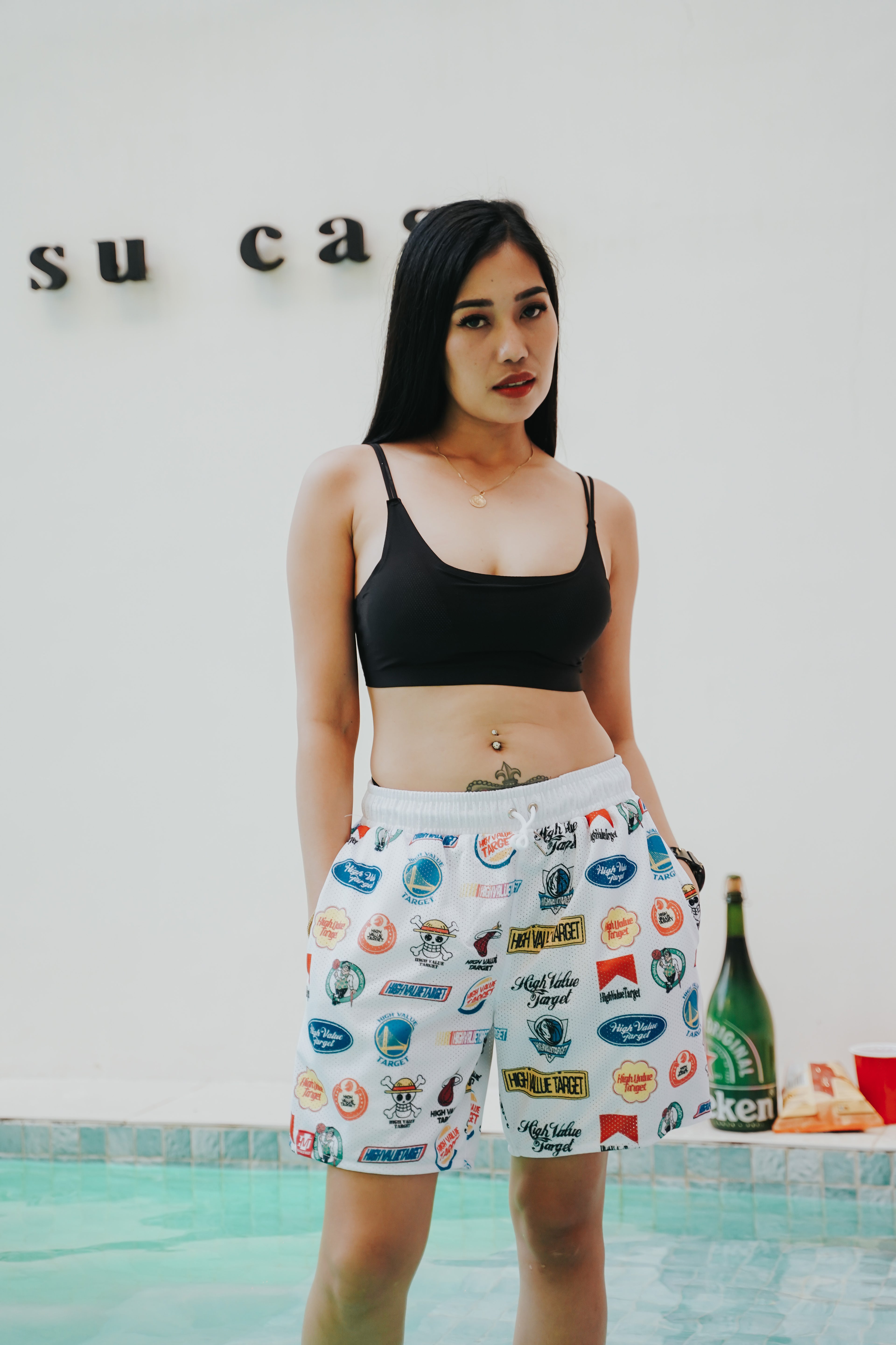 HIGH VALUE TARGET "HVT MIXED LOGOS" MESH SHORTS - WHITE