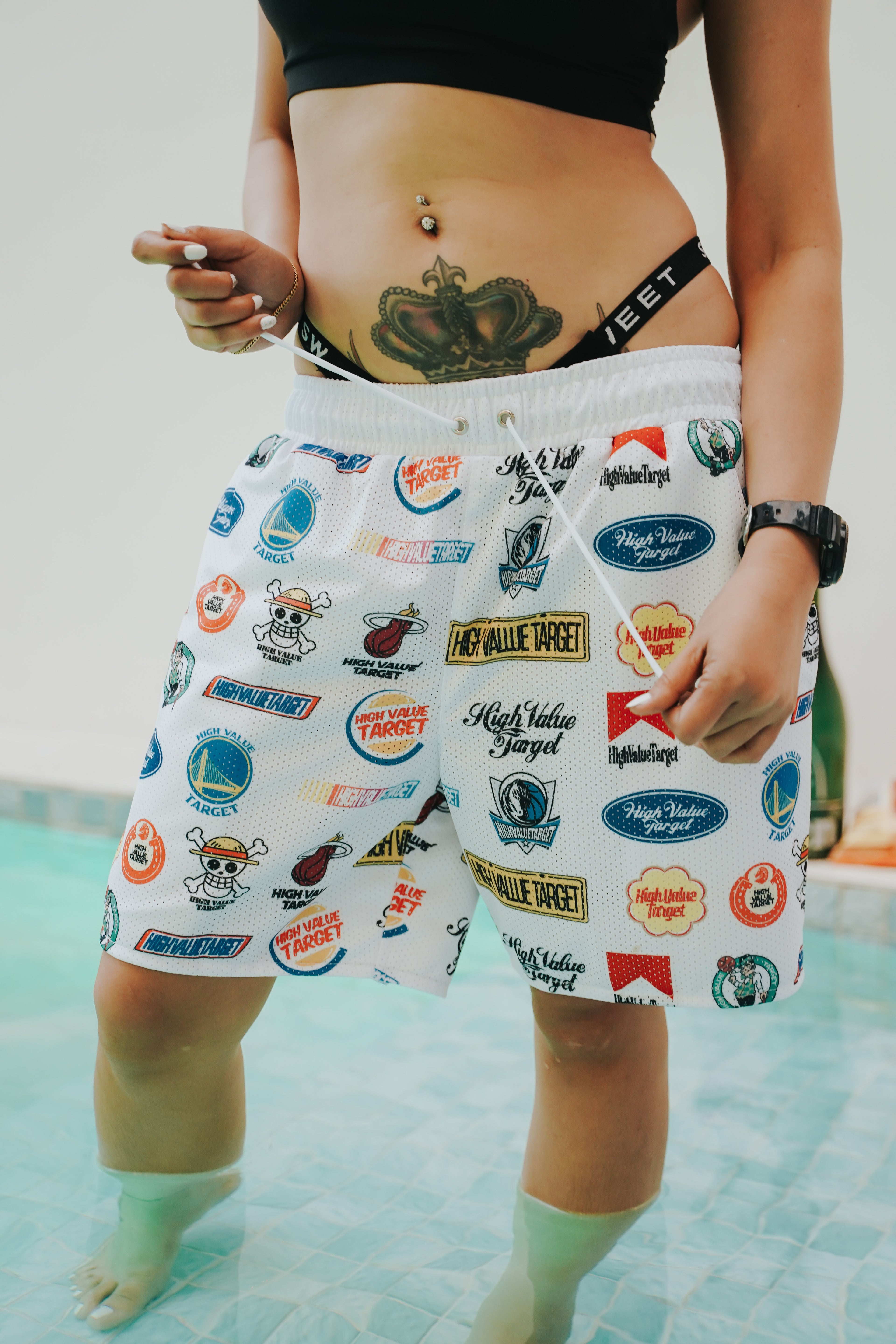 HIGH VALUE TARGET "HVT MIXED LOGOS" MESH SHORTS - WHITE