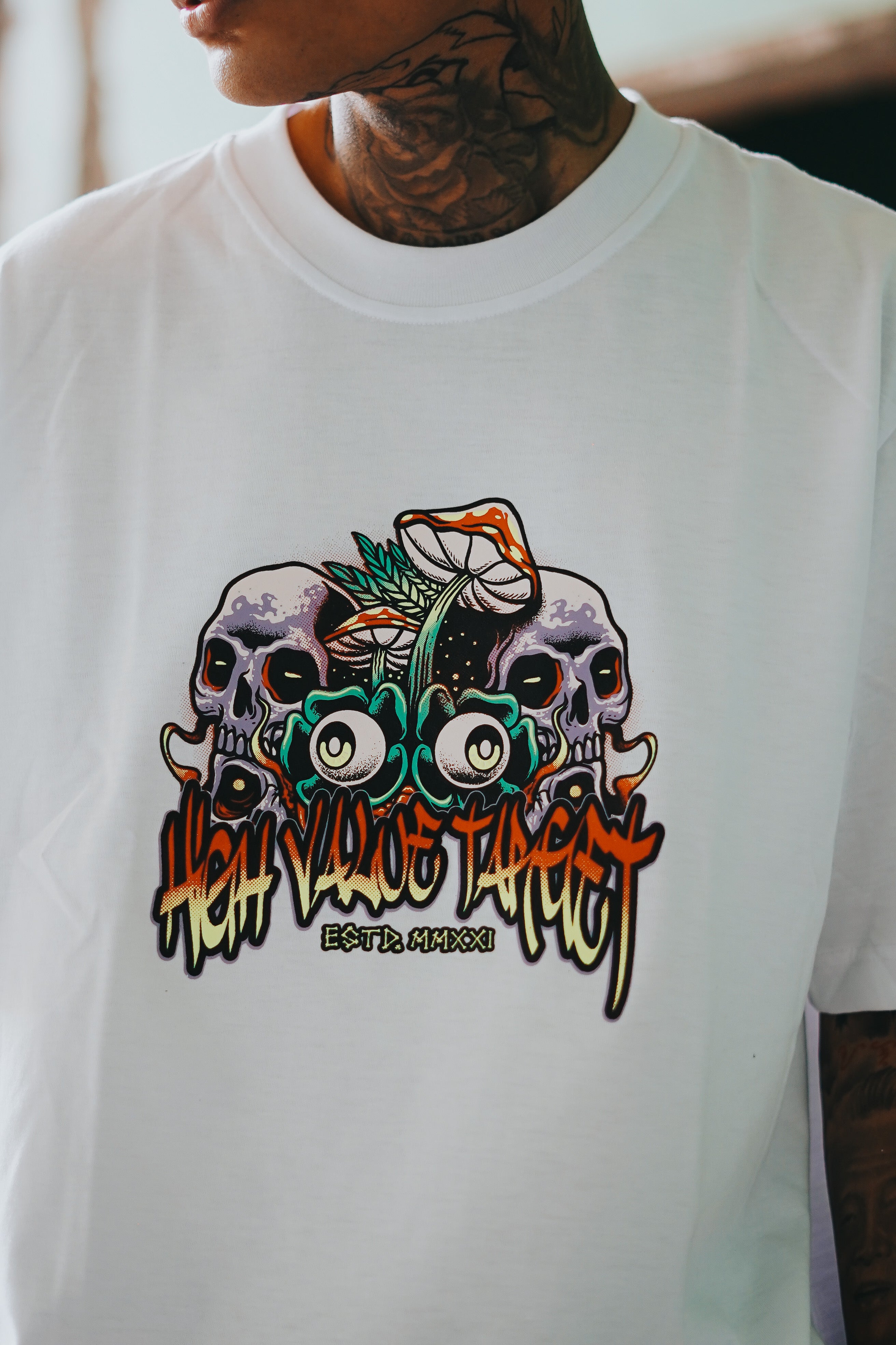 HIGH VALUE TARGET - ESCAPE LIFE (White) CVC Cotton T-Shirt - Small to 5XL sizes