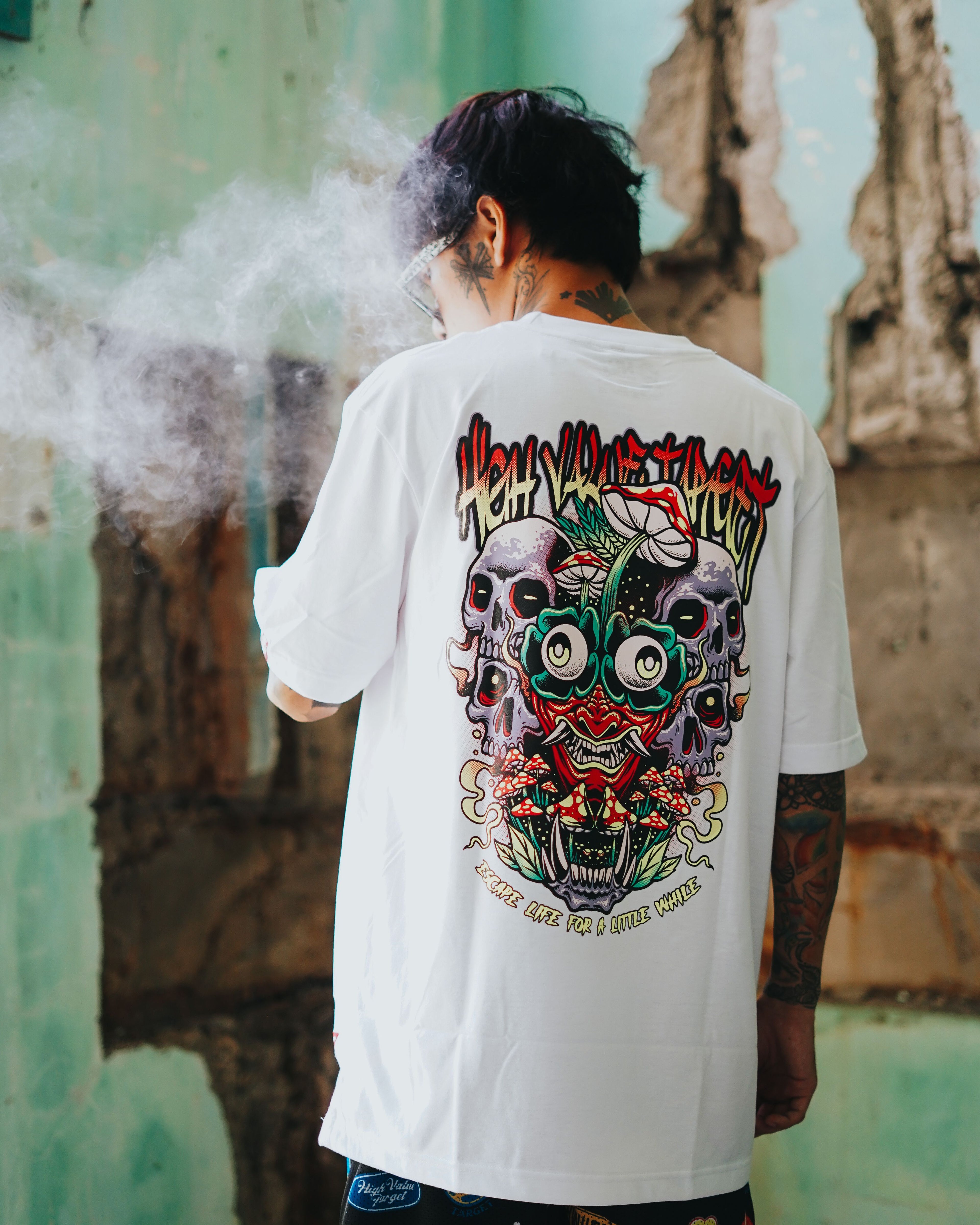 HIGH VALUE TARGET - ESCAPE LIFE (White) CVC Cotton T-Shirt - Small to 5XL sizes