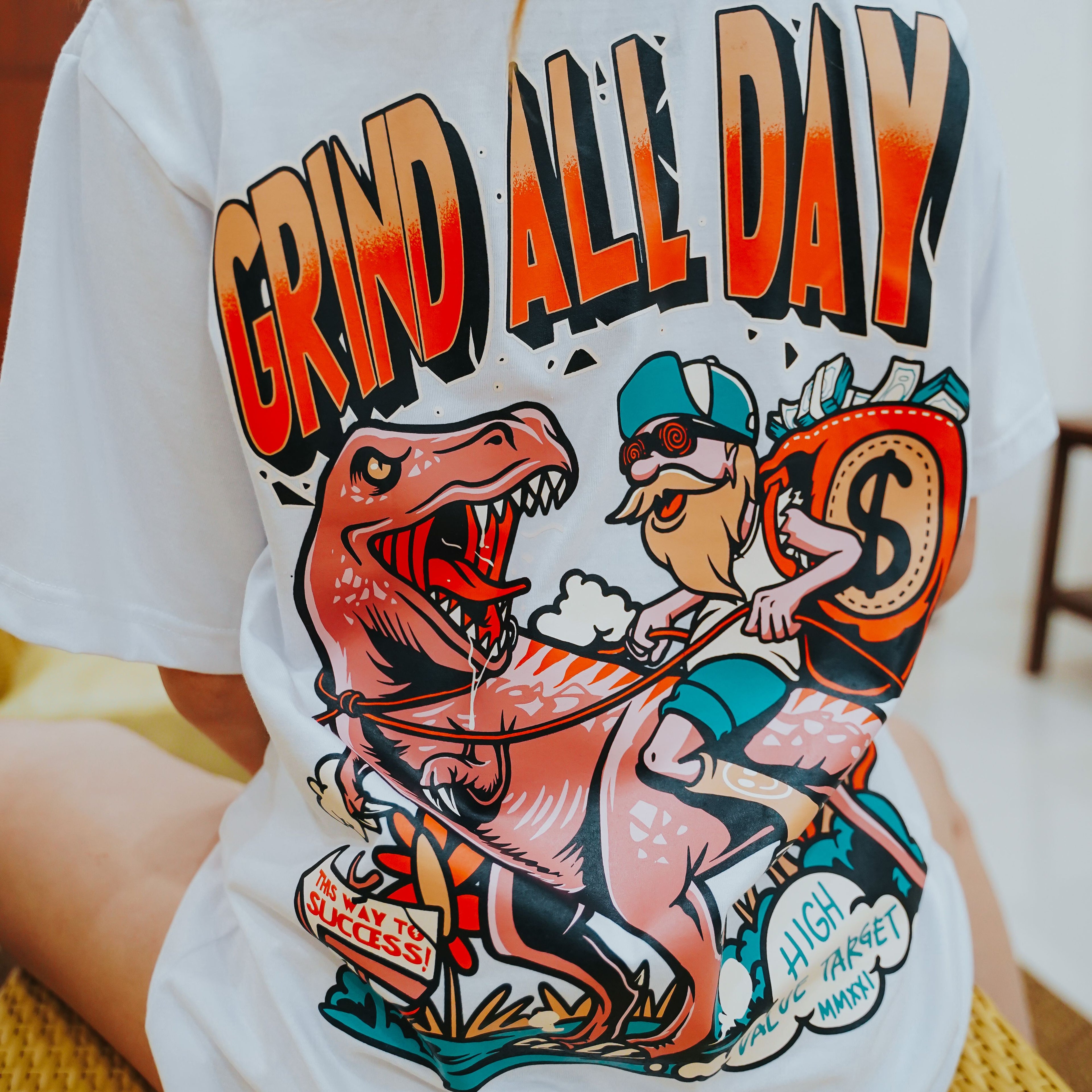 HIGH VALUE TARGET "GRIND ALL DAY " WHITE CVC COTTON UNISEX T-SHIRT
