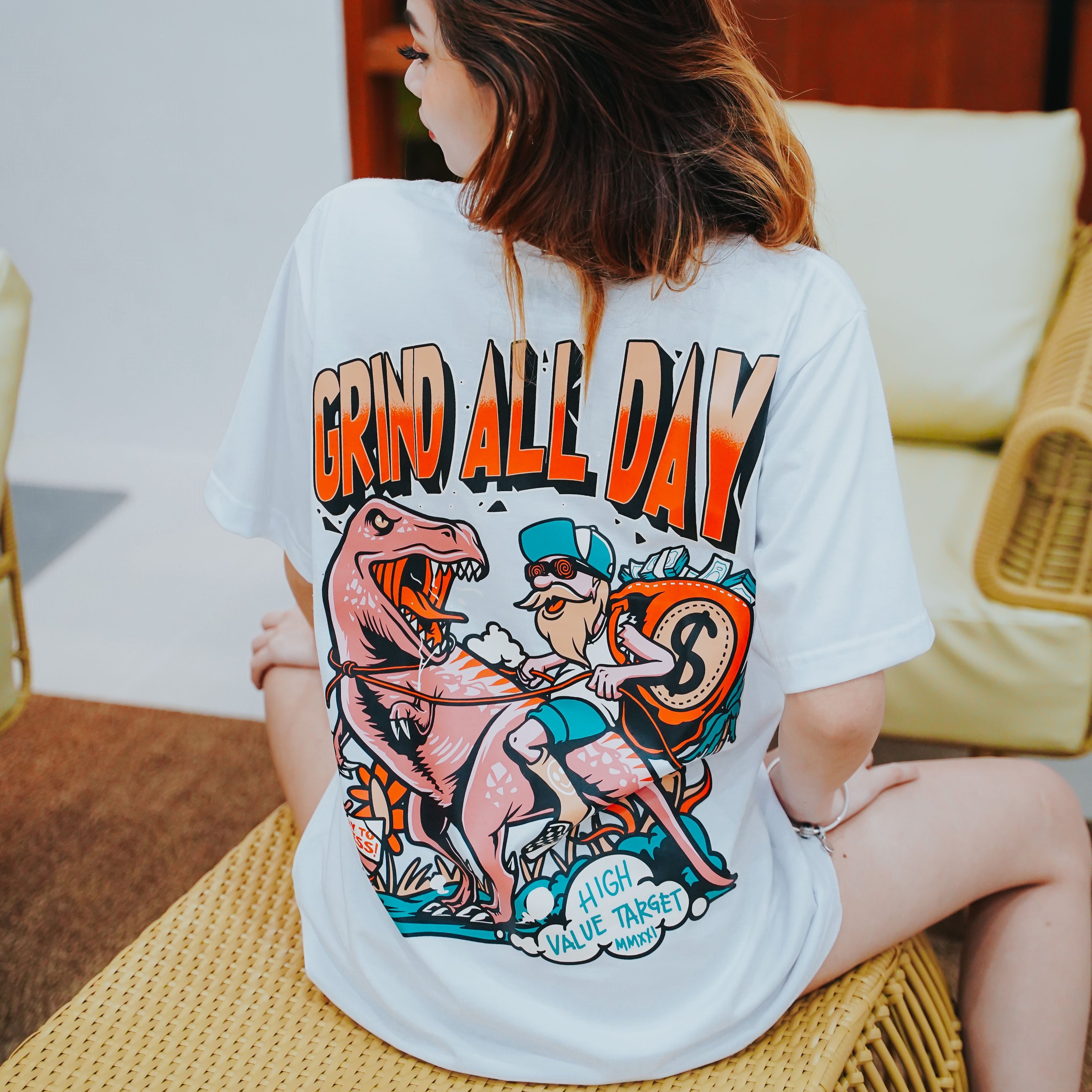 HIGH VALUE TARGET "GRIND ALL DAY " WHITE CVC COTTON UNISEX T-SHIRT