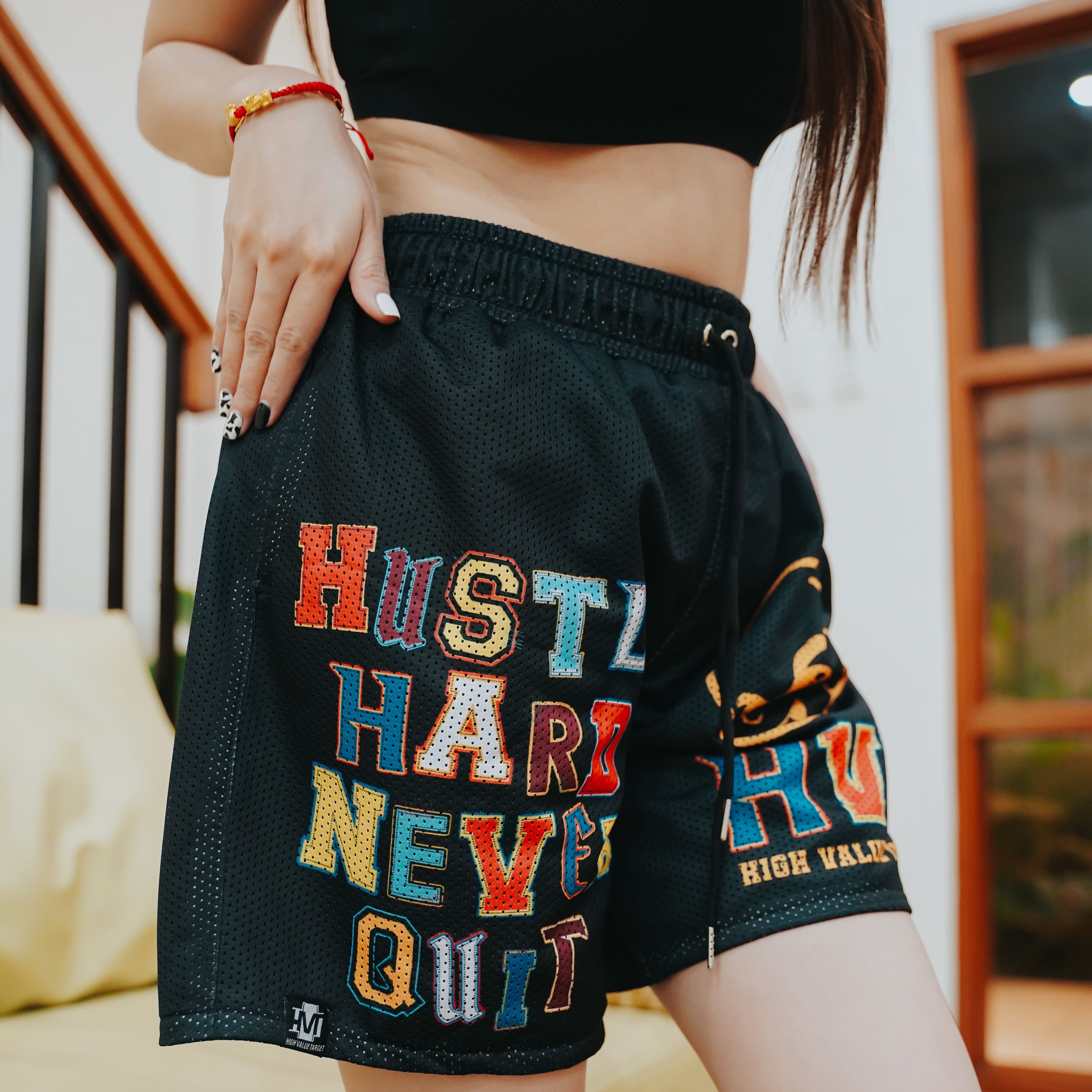 HIGH VALUE TARGET "HUSTLE HARD " MESH SHORTS - BLACK