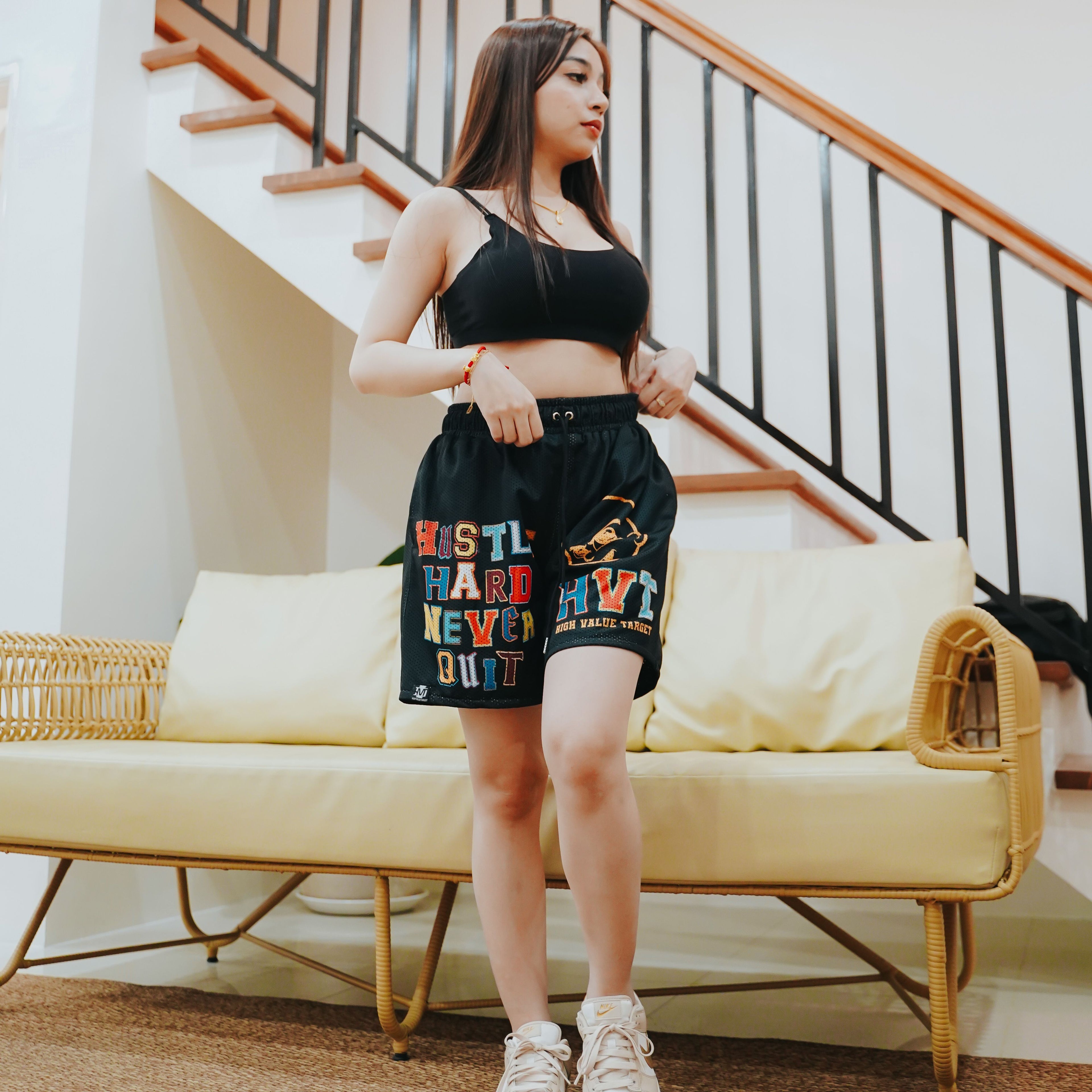 HIGH VALUE TARGET "HUSTLE HARD " MESH SHORTS - BLACK