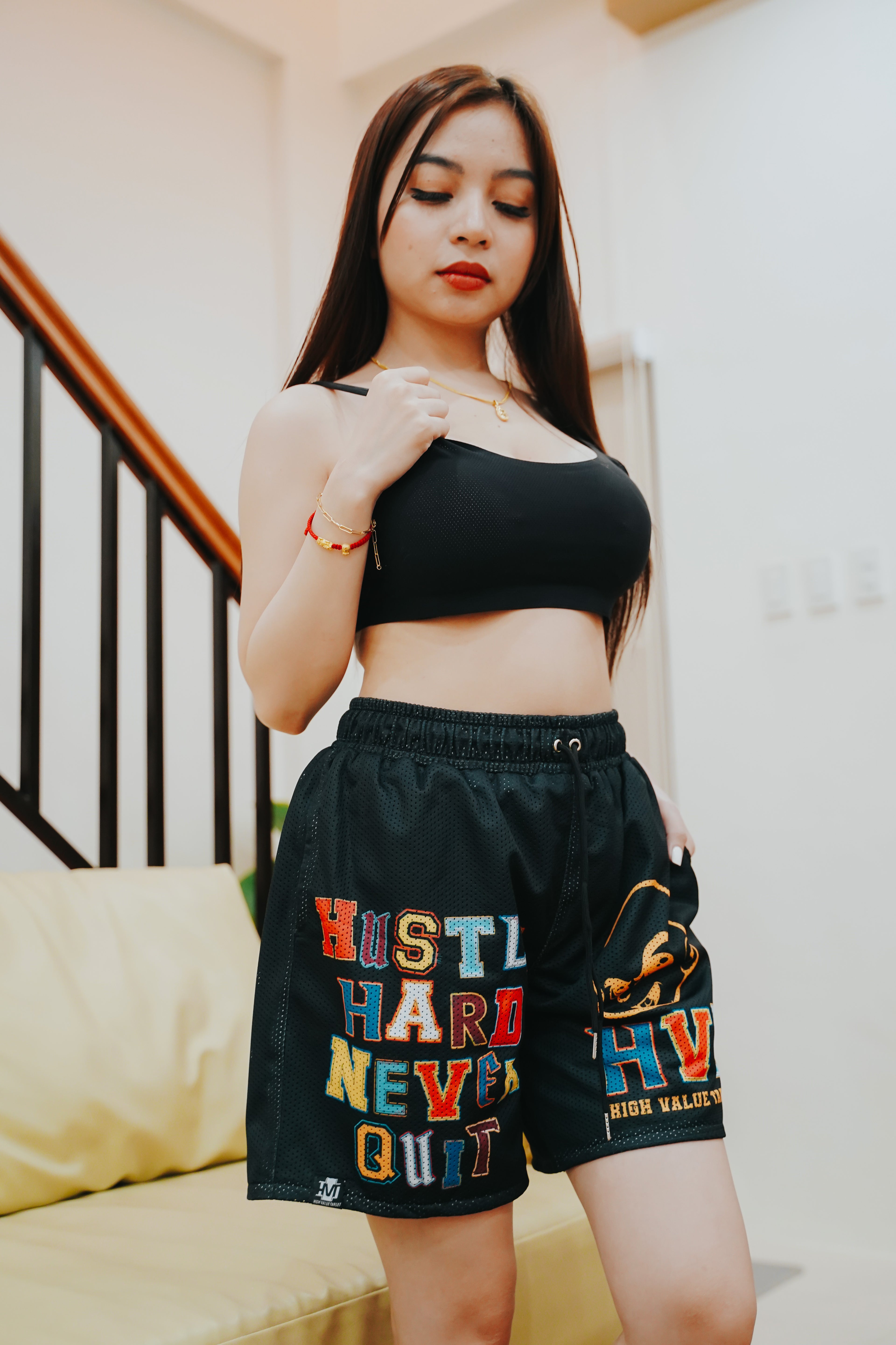 HIGH VALUE TARGET "HUSTLE HARD " MESH SHORTS - BLACK