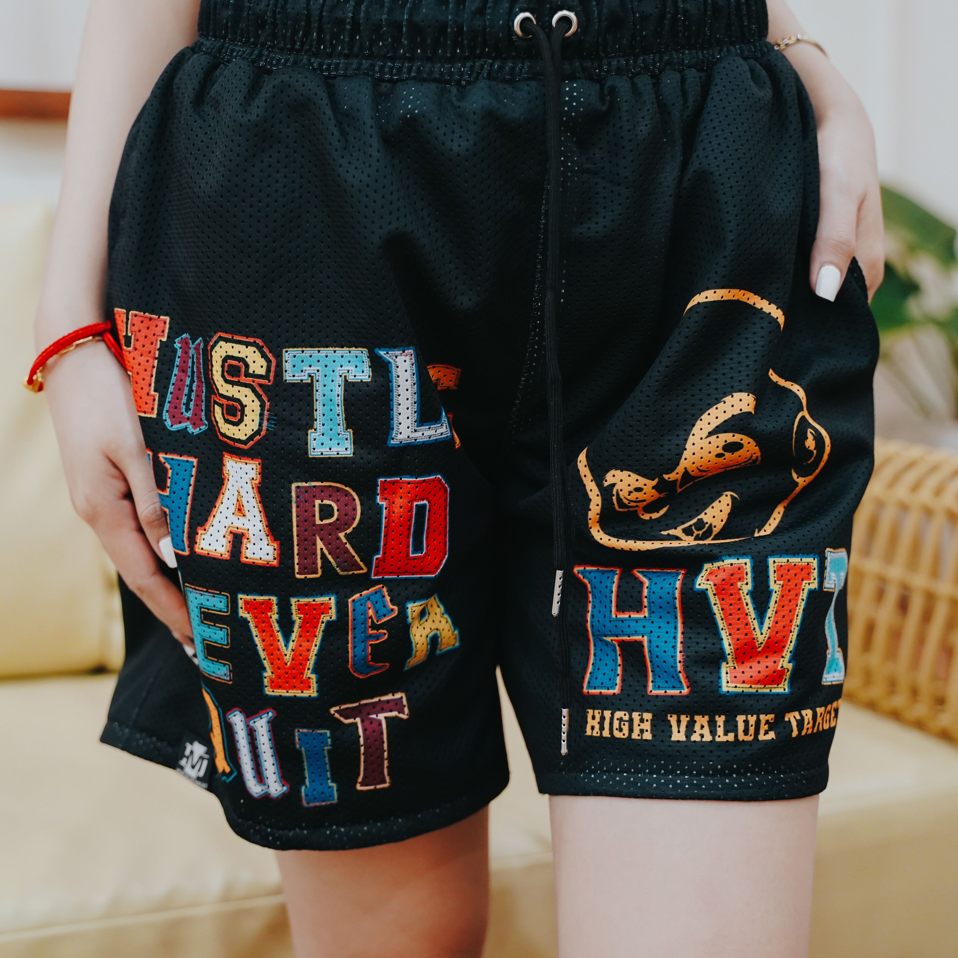 HIGH VALUE TARGET "HUSTLE HARD " MESH SHORTS - BLACK