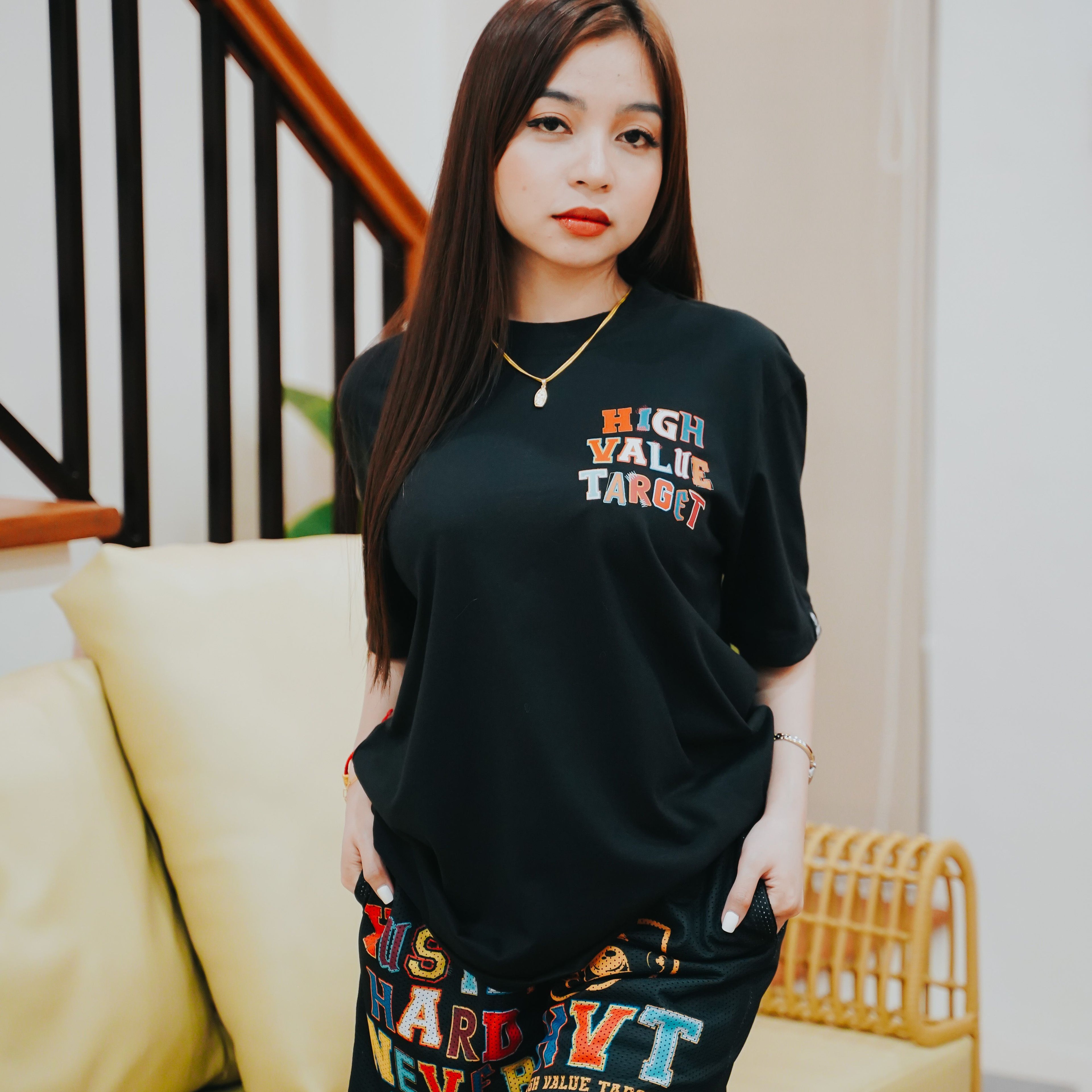 HIGH VALUE TARGET "HUSTLE HARD NEVER QUIT " BLACK CVC COTTON UNISEX T-SHIRT