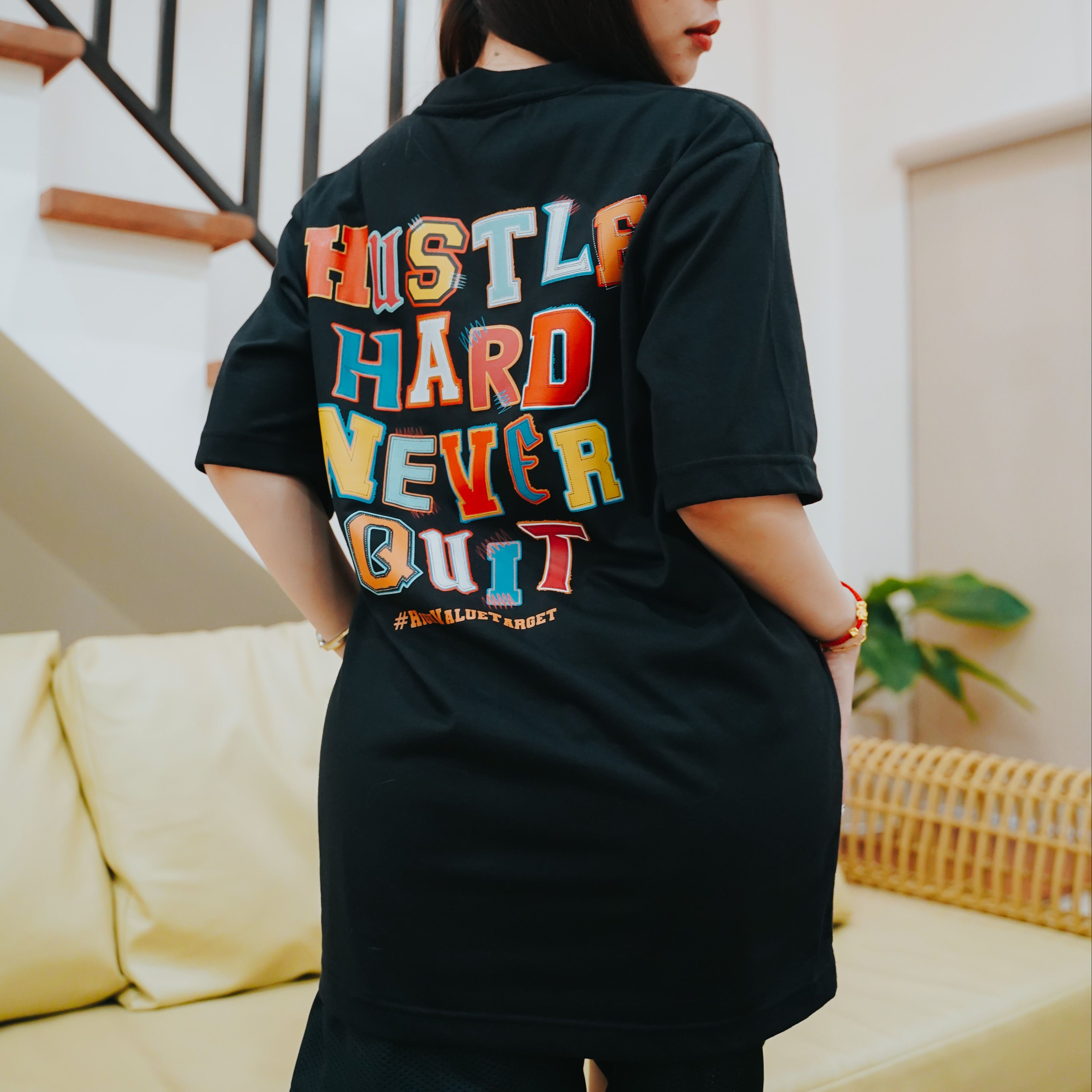 HIGH VALUE TARGET "HUSTLE HARD NEVER QUIT " BLACK CVC COTTON UNISEX T-SHIRT