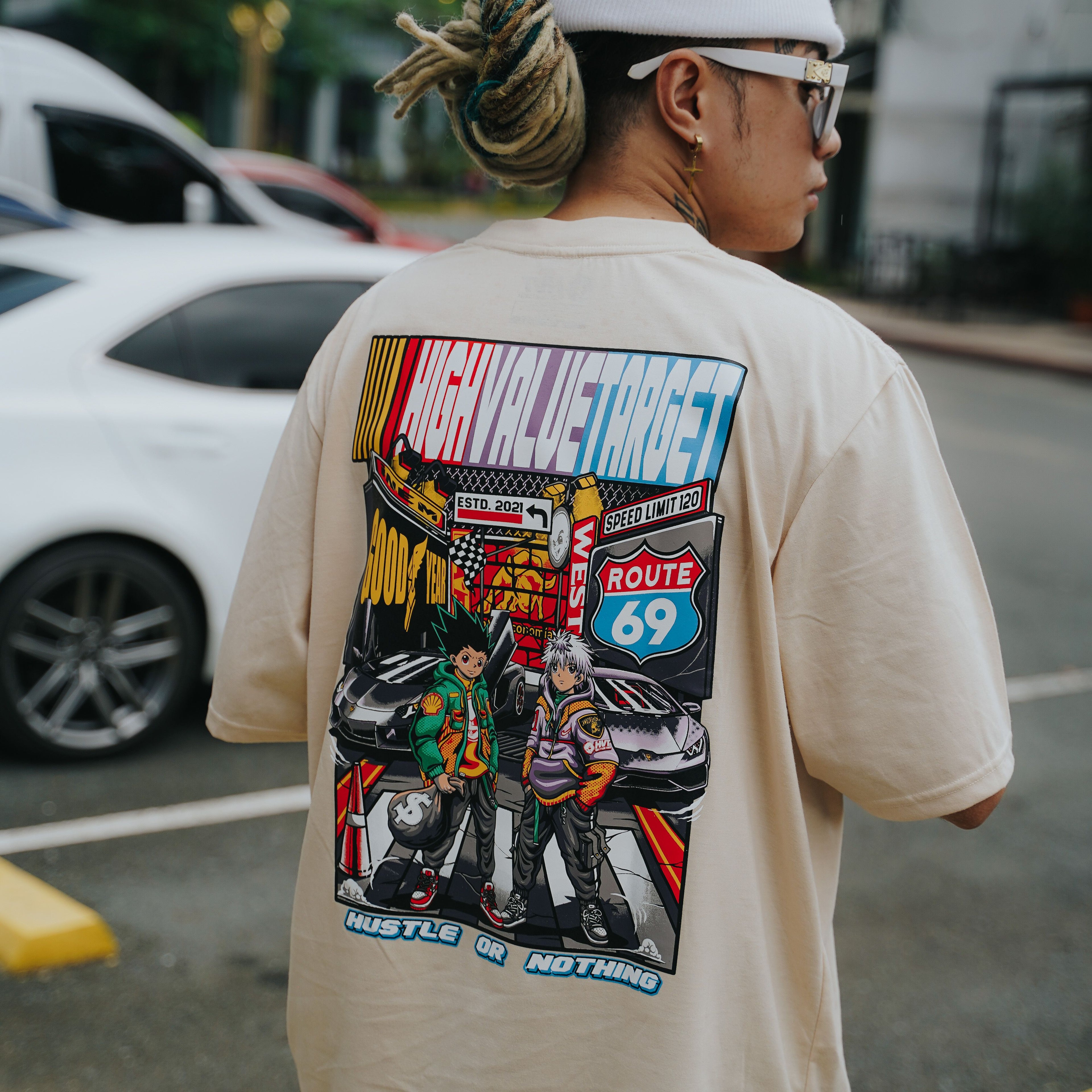 HIGH VALUE TARGET "HUSTLE or NOTHING" HUNTER X (BEIGE) PURE CVC Cotton T-Shirt - UNISEX