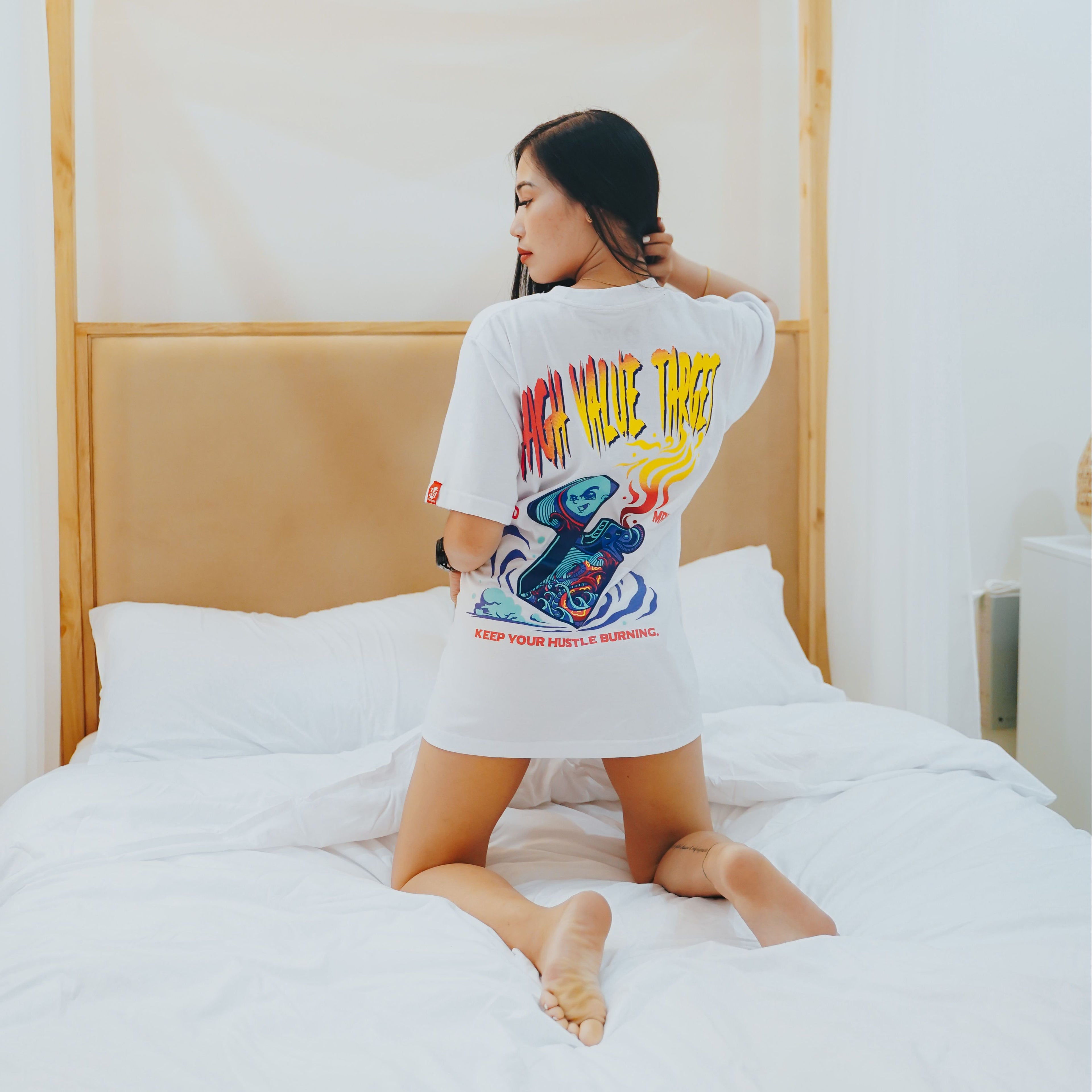 HIGH VALUE TARGET "KEEP YOUR HUSTLE BURNING" WHITE CVC COTTON UNISEX T-SHIRT