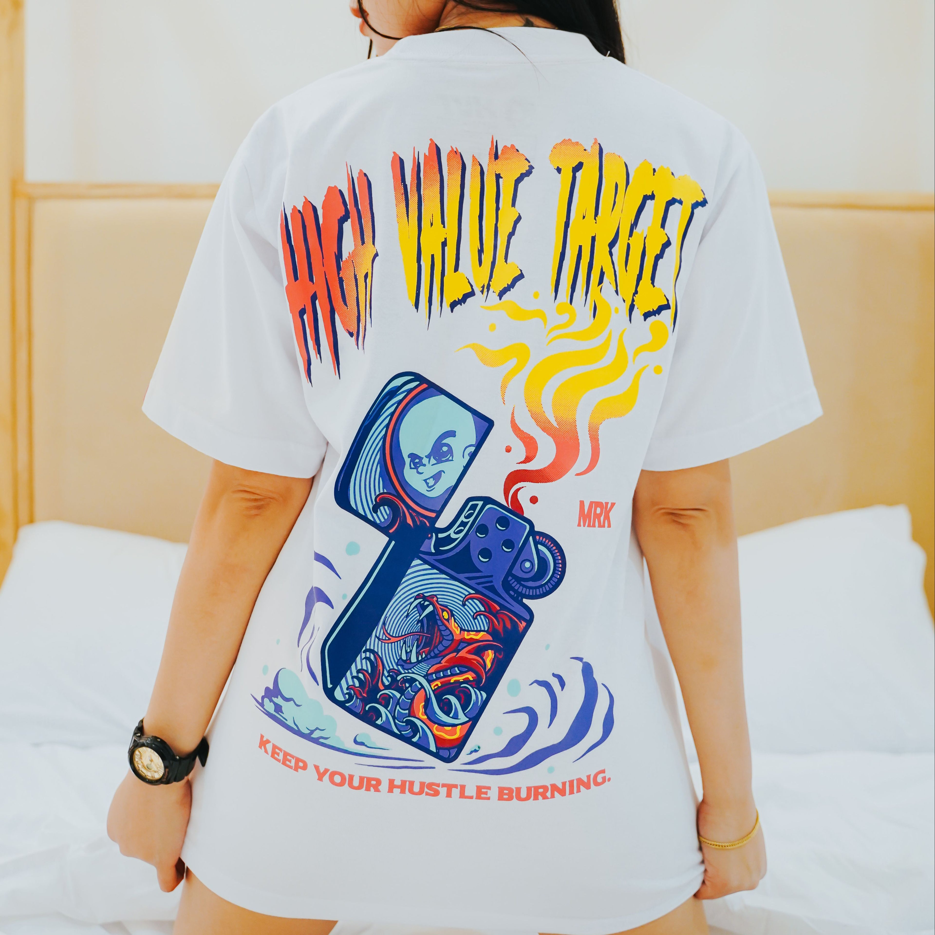 HIGH VALUE TARGET "KEEP YOUR HUSTLE BURNING" WHITE CVC COTTON UNISEX T-SHIRT