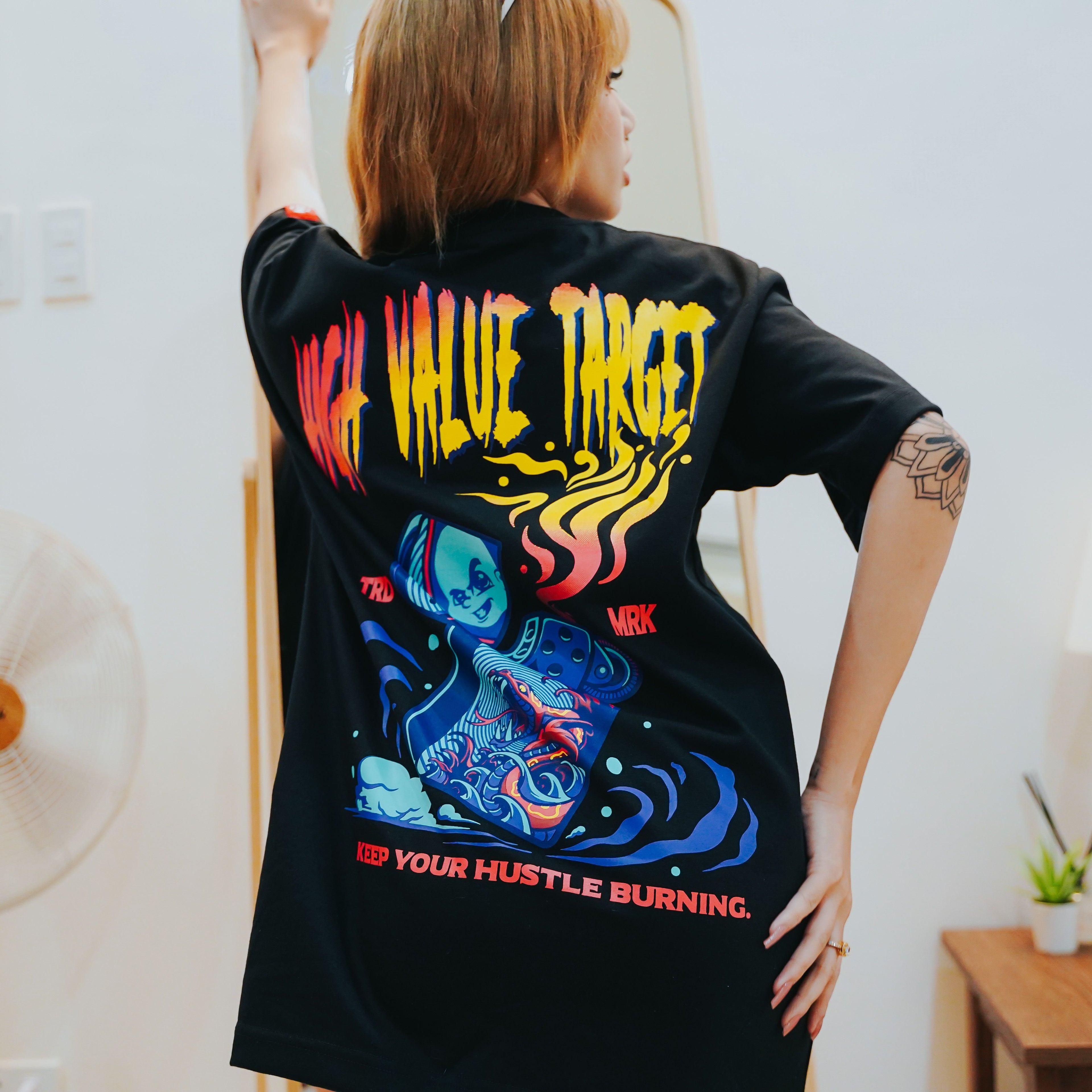 HIGH VALUE TARGET "KEEP YOUR HUSTLE BURNING" BLACK CVC COTTON UNISEX T-SHIRT