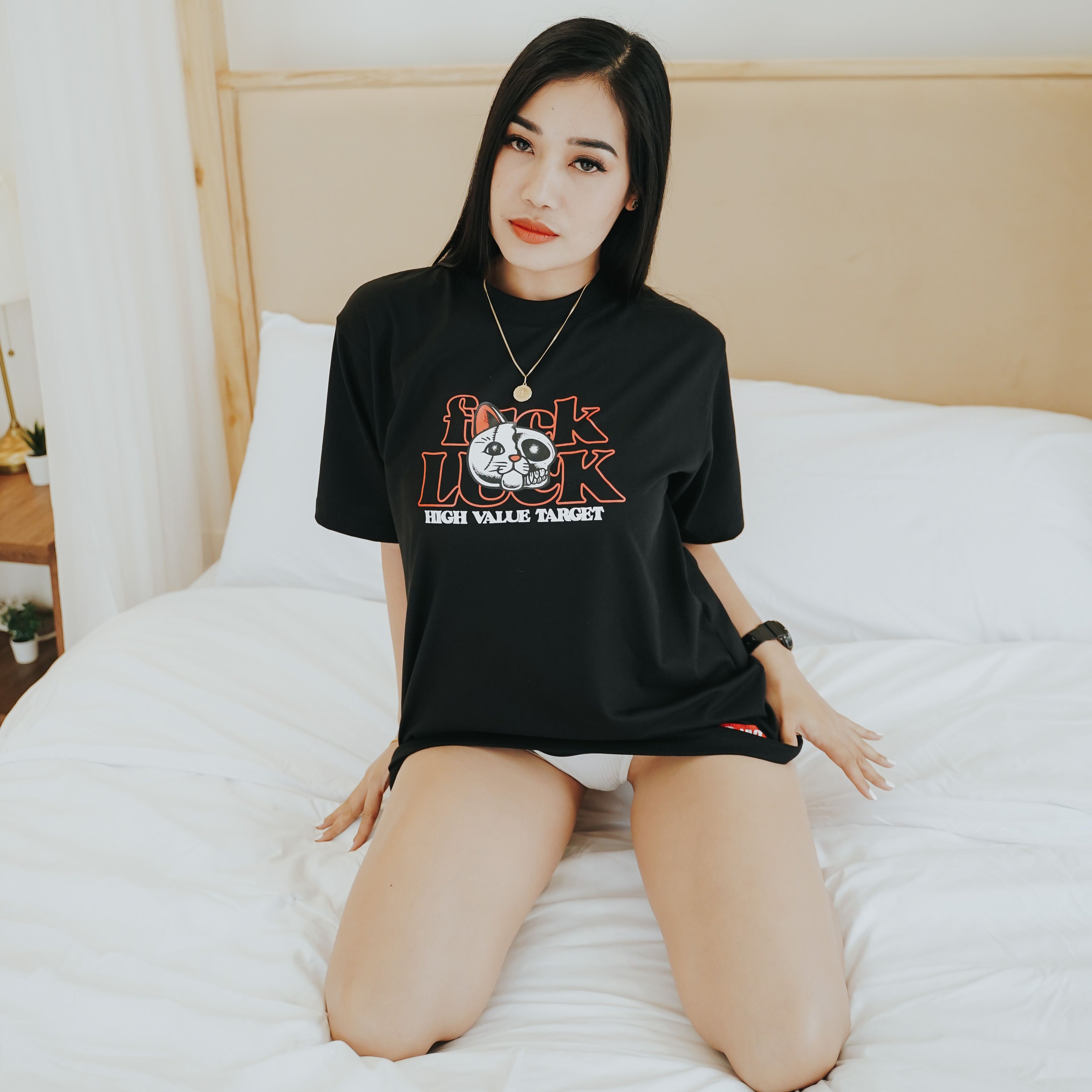 HIGH VALUE TARGET "LUCKY CAT " BLACK CVC COTTON UNISEX T-SHIRT