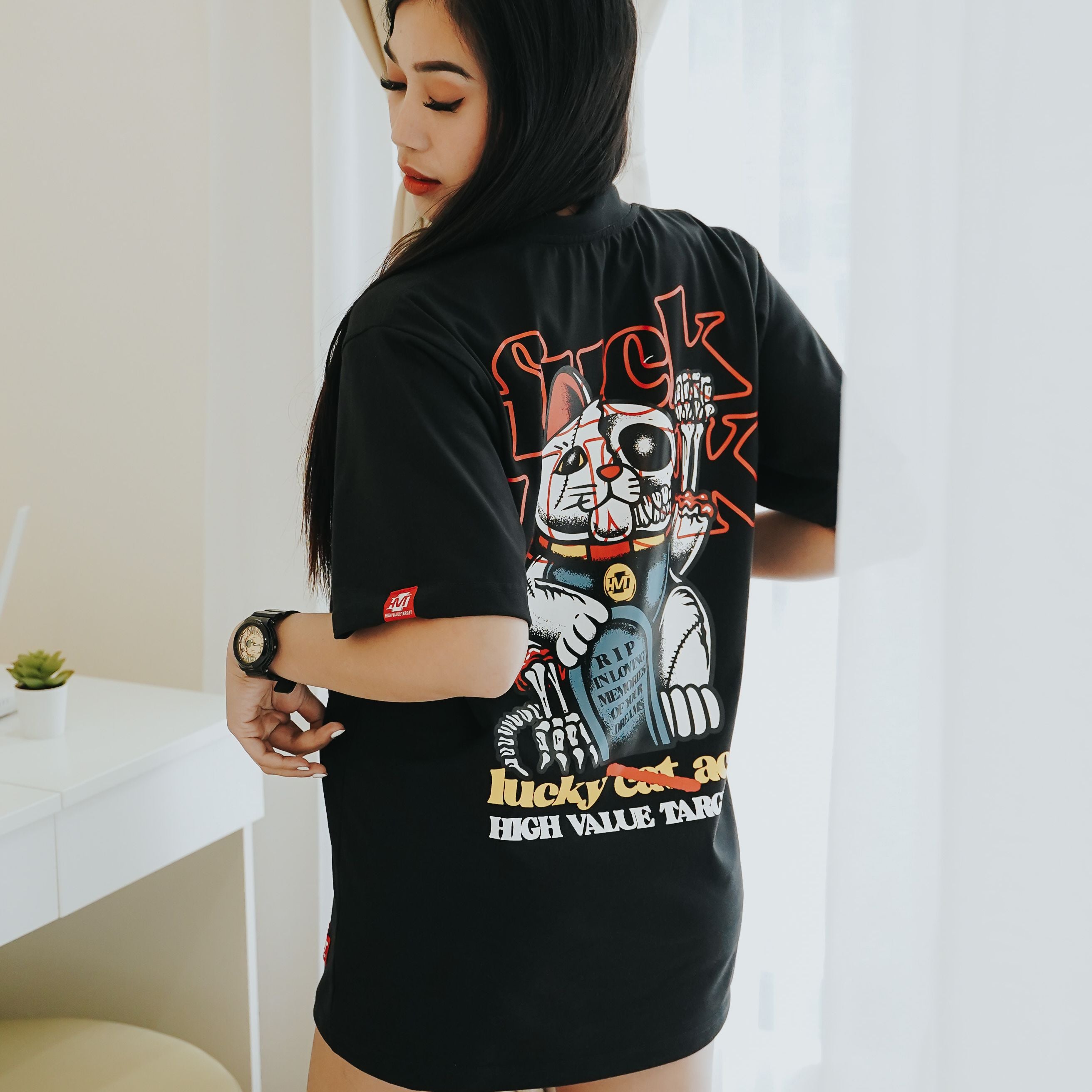 HIGH VALUE TARGET "LUCKY CAT " BLACK CVC COTTON UNISEX T-SHIRT