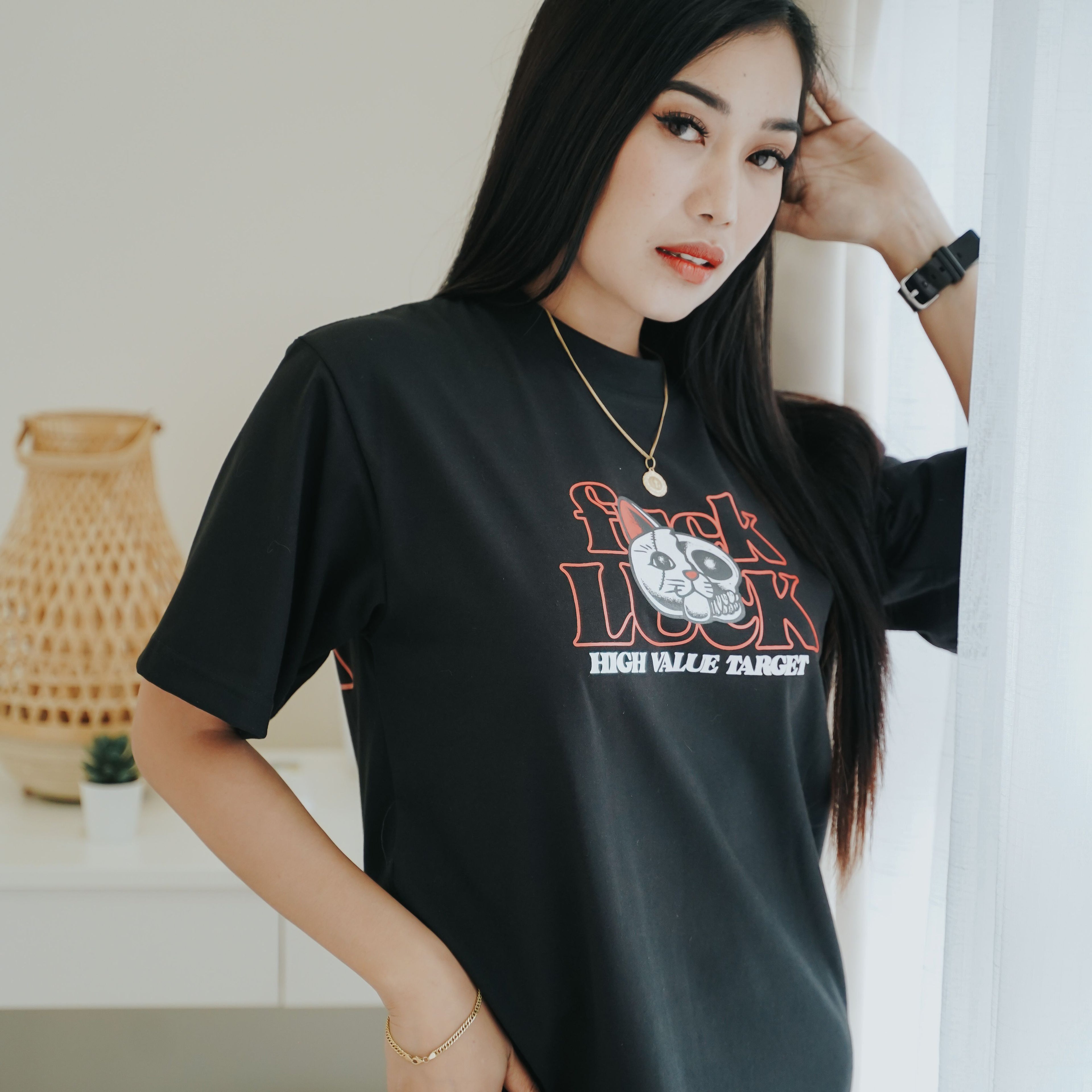 HIGH VALUE TARGET "LUCKY CAT " BLACK CVC COTTON UNISEX T-SHIRT