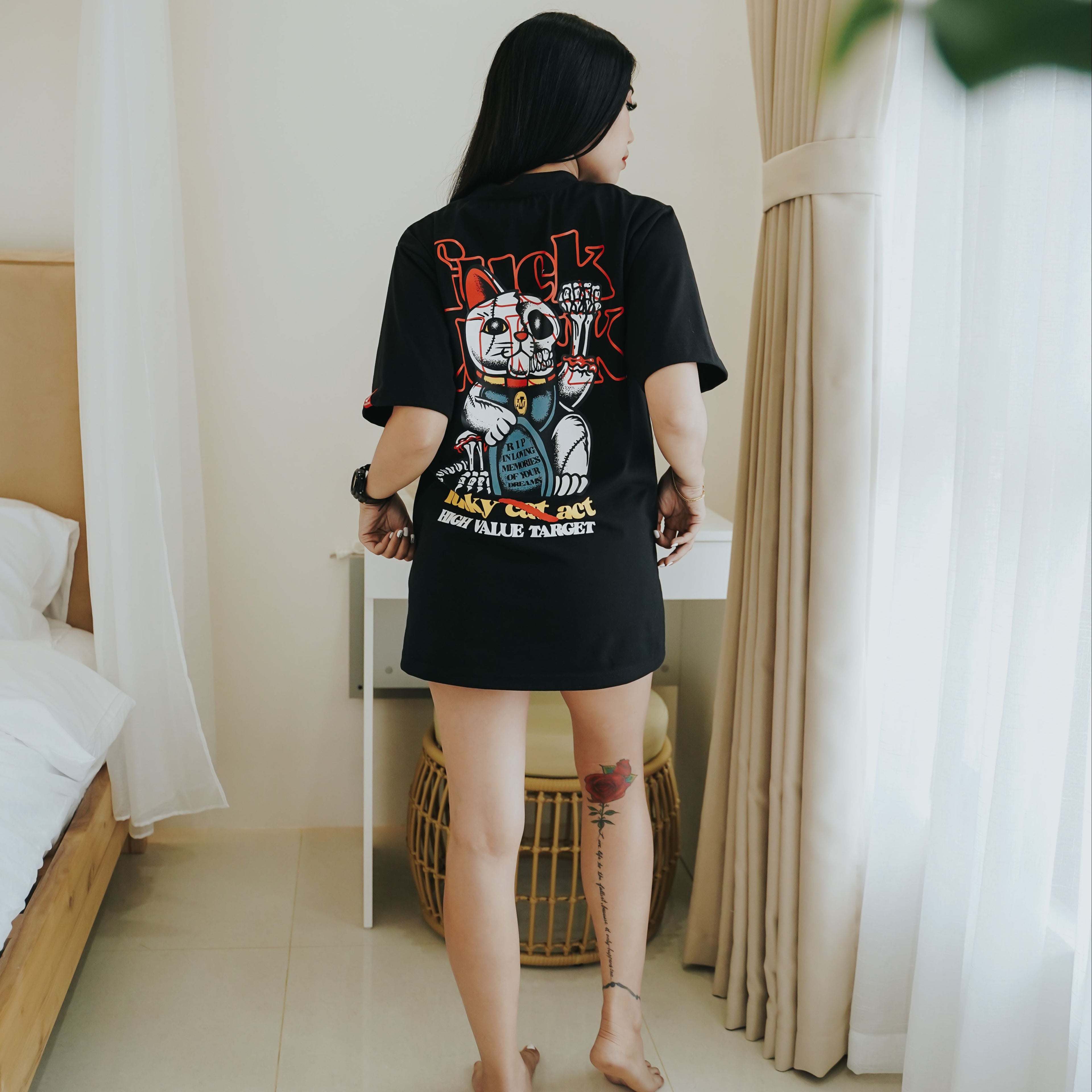 HIGH VALUE TARGET "LUCKY CAT " BLACK CVC COTTON UNISEX T-SHIRT