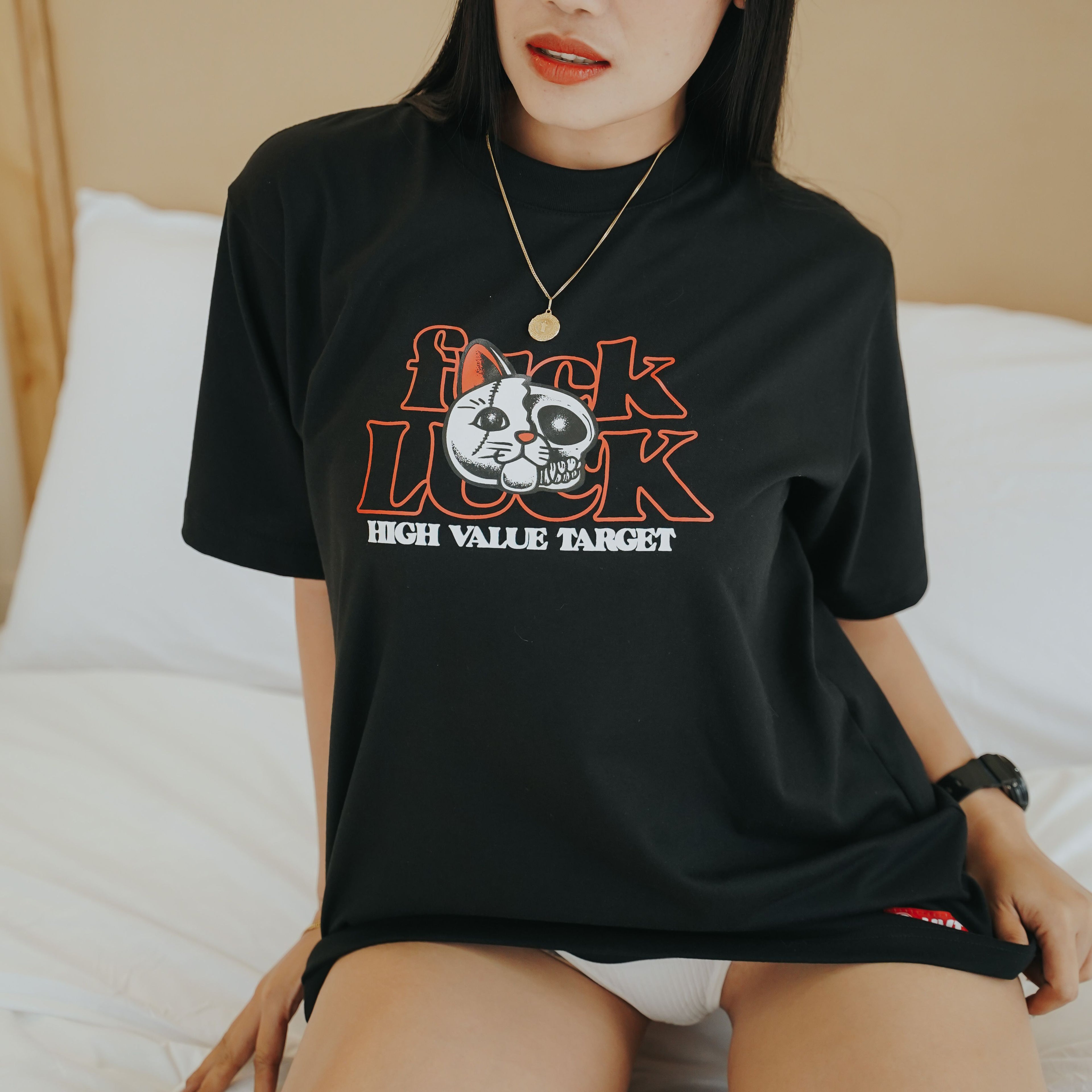 HIGH VALUE TARGET "LUCKY CAT " BLACK CVC COTTON UNISEX T-SHIRT