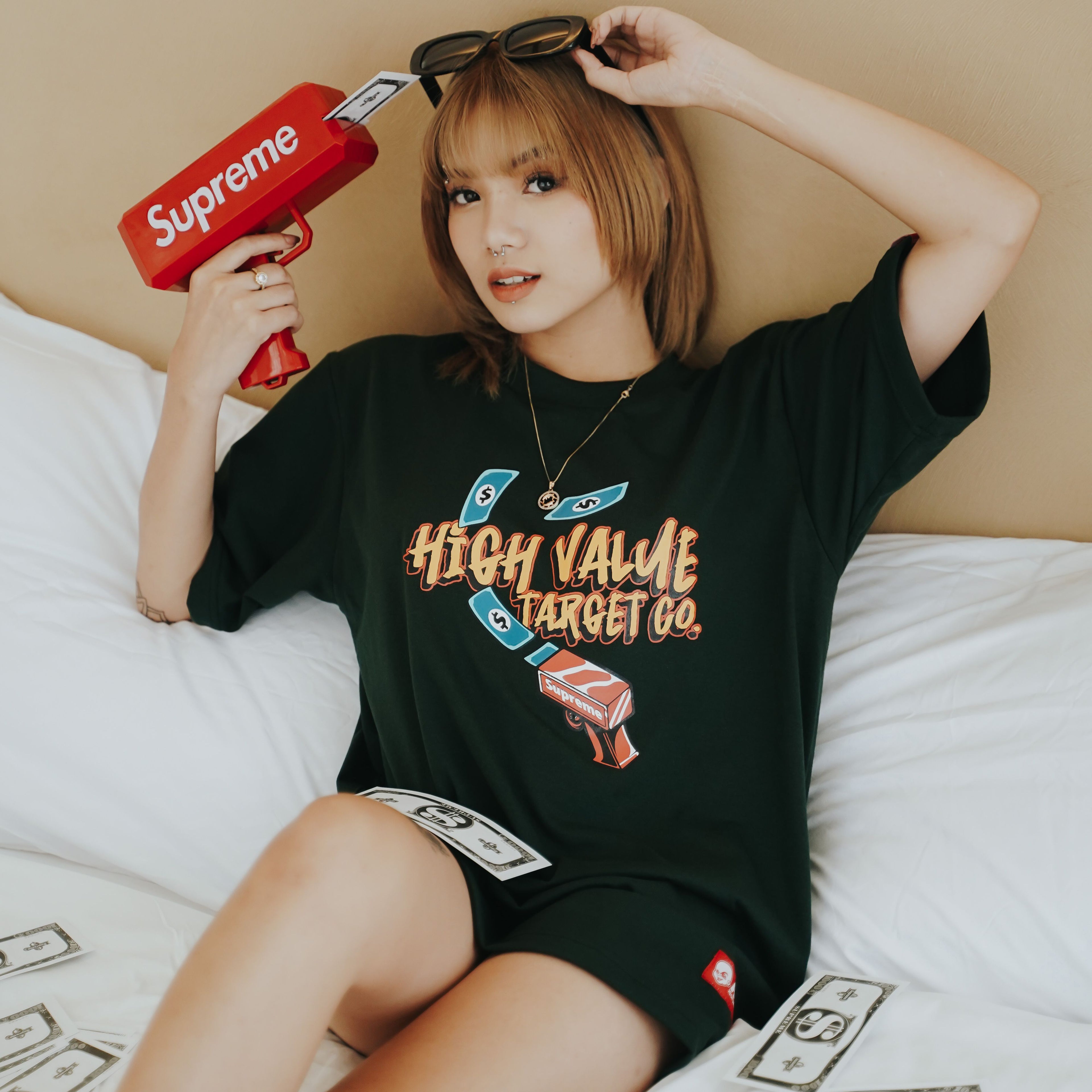 HIGH VALUE TARGET "MAKE MONEY. NOT WAR." MILITARY GREEN CVC COTTON UNISEX T-SHIRT