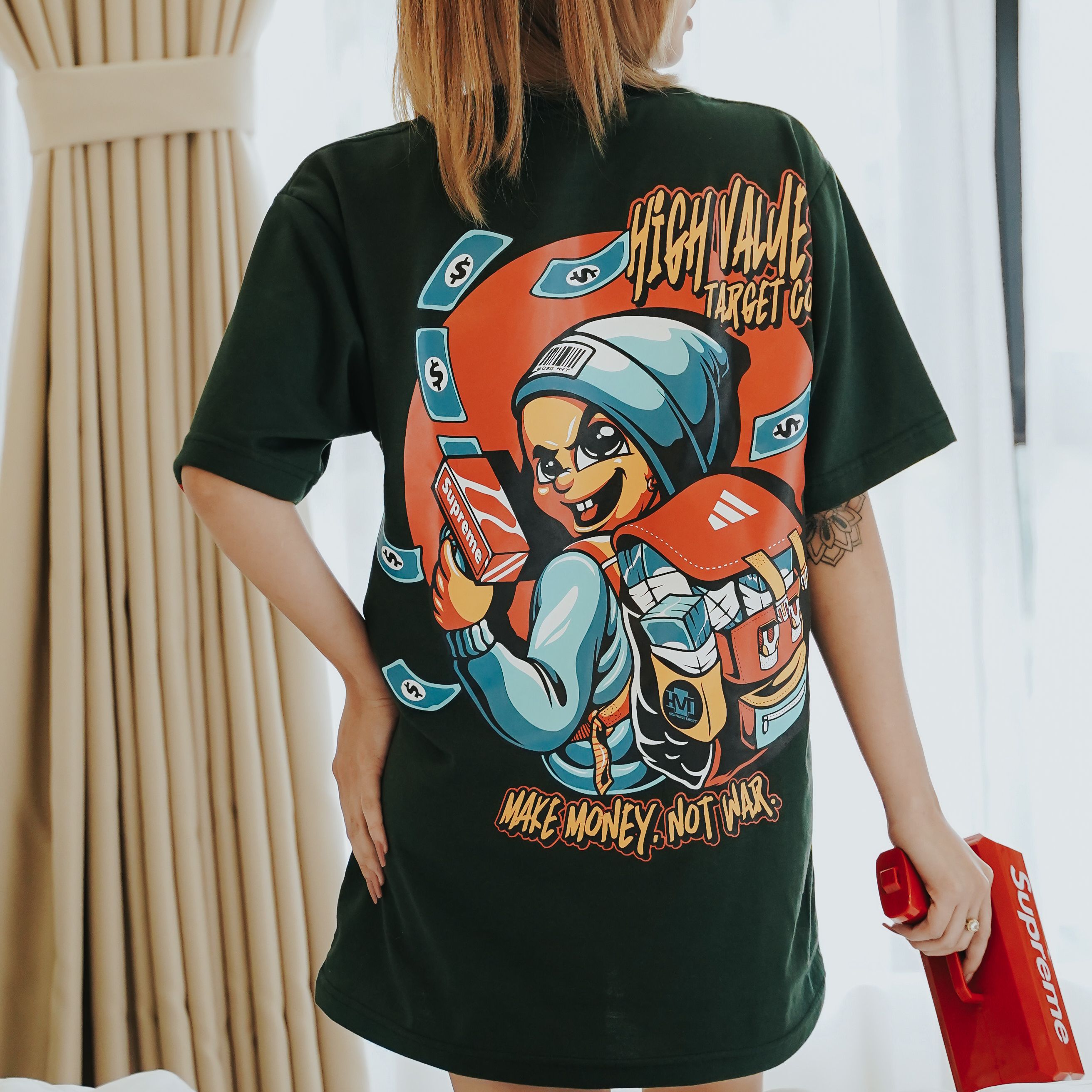 HIGH VALUE TARGET "MAKE MONEY. NOT WAR." MILITARY GREEN CVC COTTON UNISEX T-SHIRT