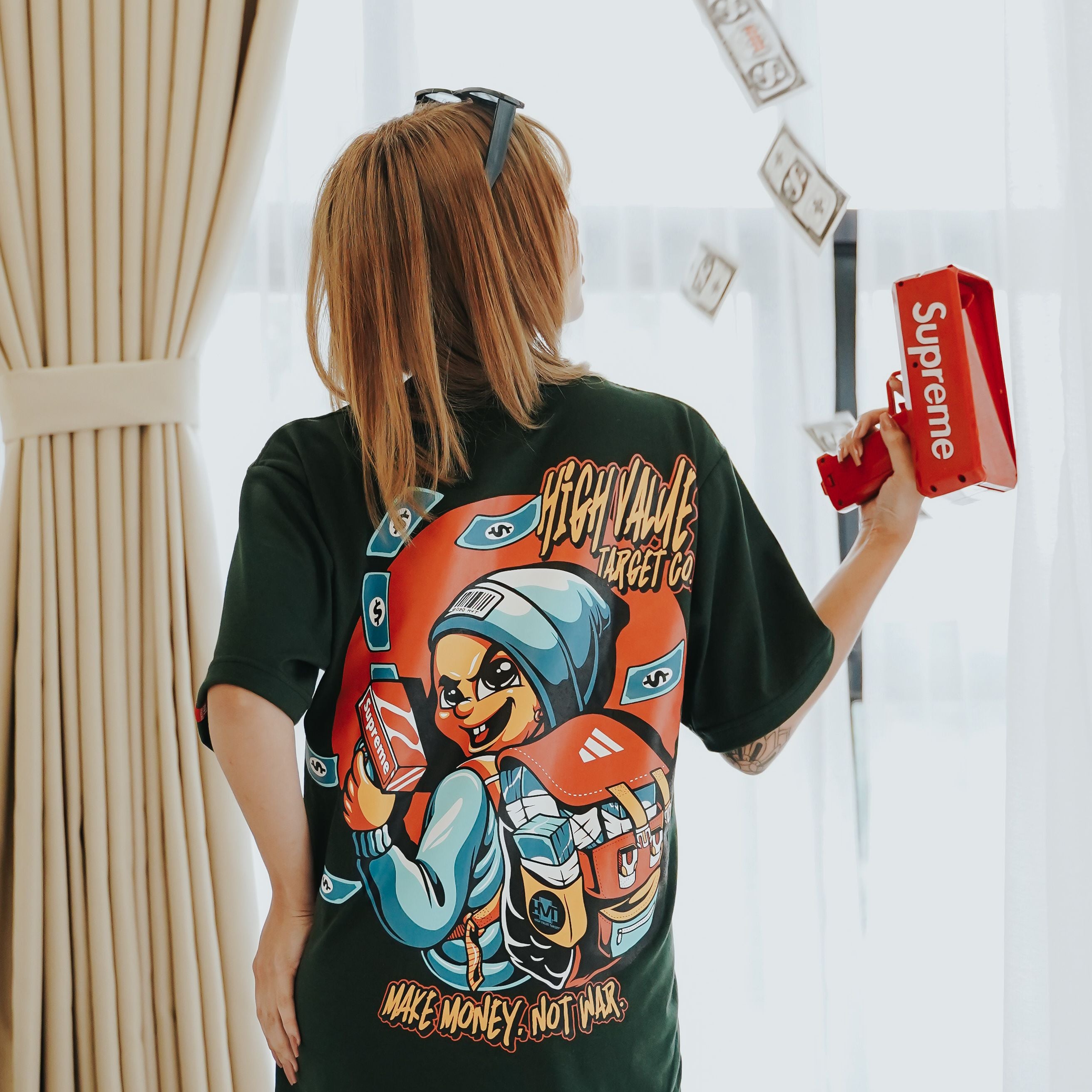 HIGH VALUE TARGET "MAKE MONEY. NOT WAR." MILITARY GREEN CVC COTTON UNISEX T-SHIRT