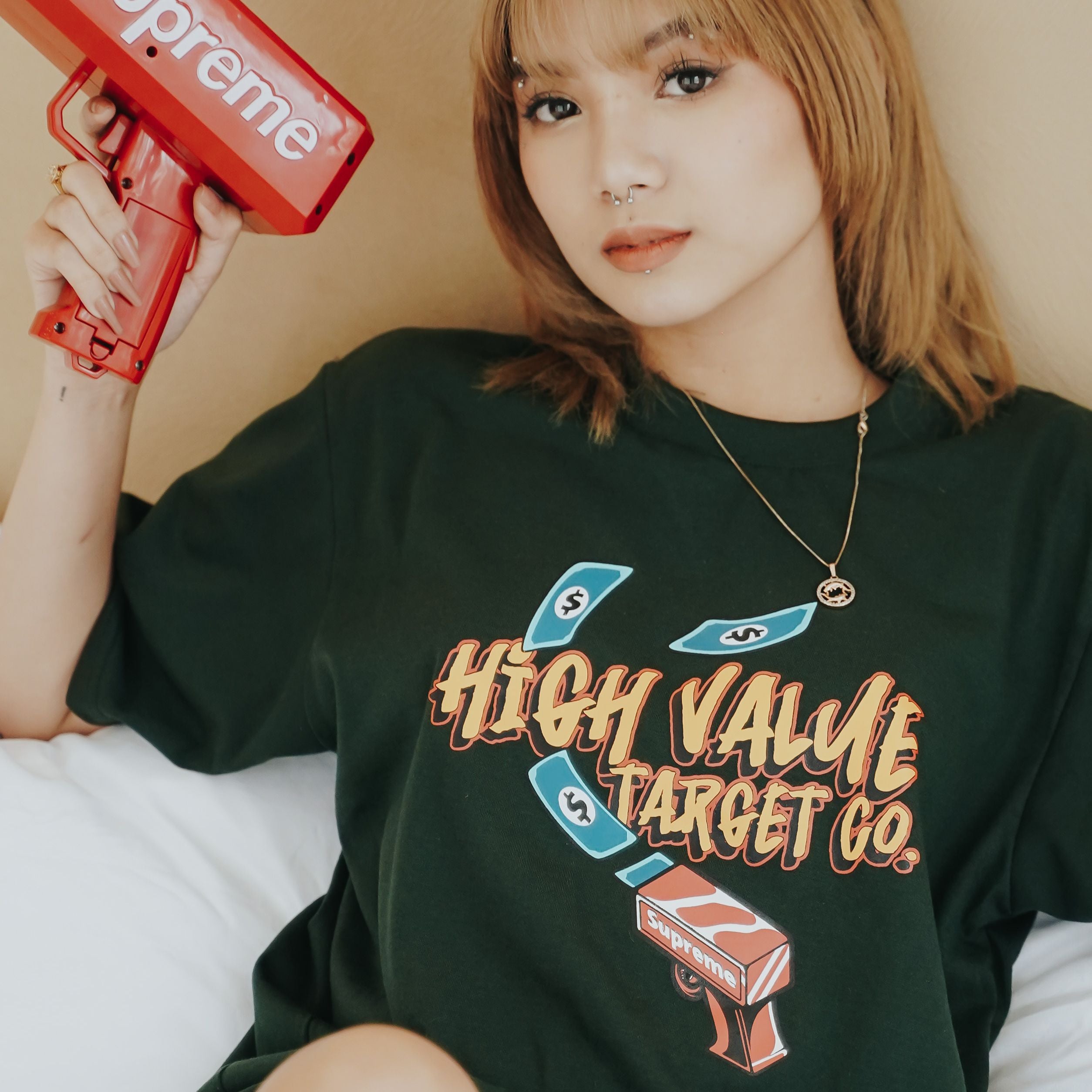 HIGH VALUE TARGET "MAKE MONEY. NOT WAR." MILITARY GREEN CVC COTTON UNISEX T-SHIRT