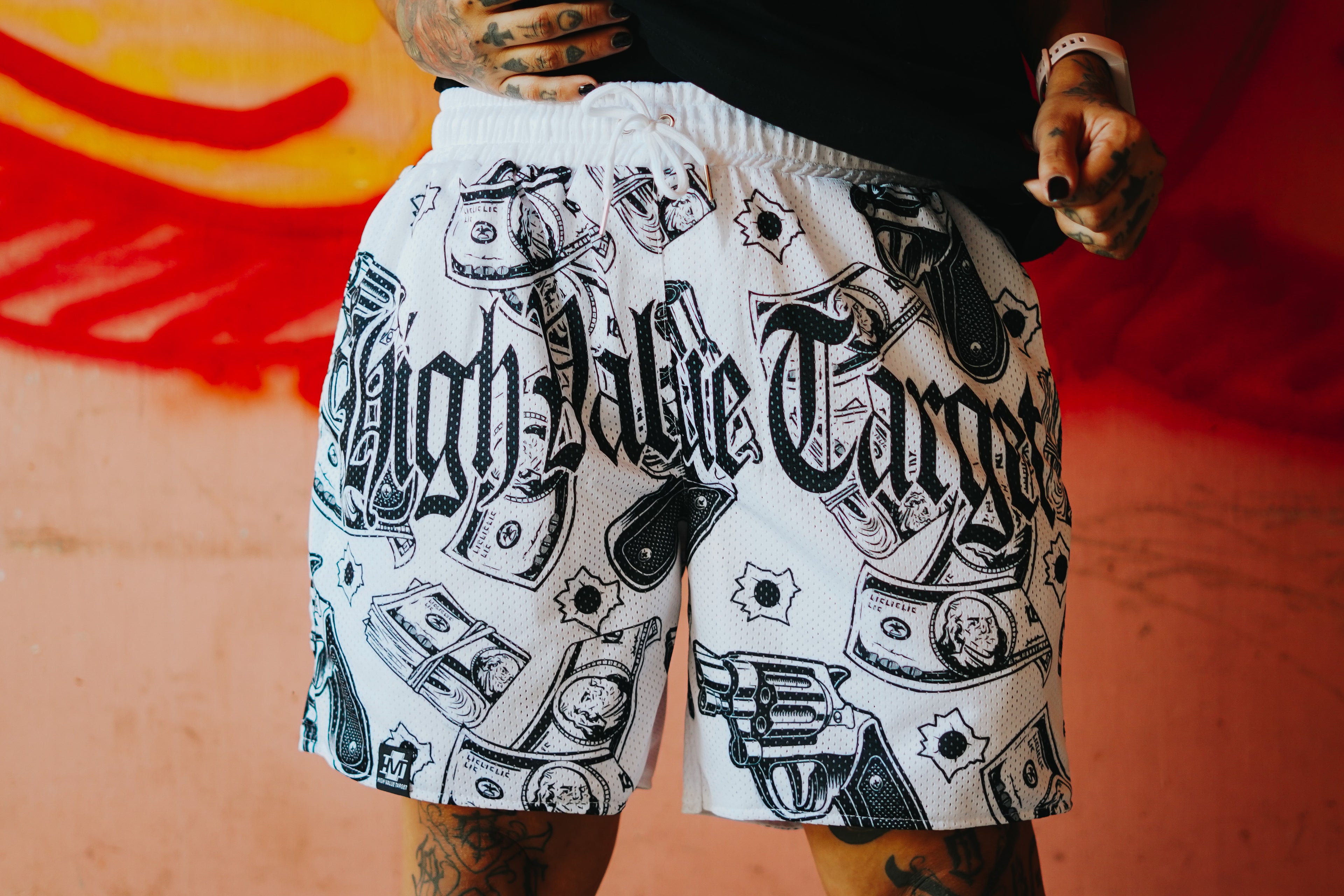 HIGH VALUE TARGET "Money & Gun" MESH SHORTS - WHITE