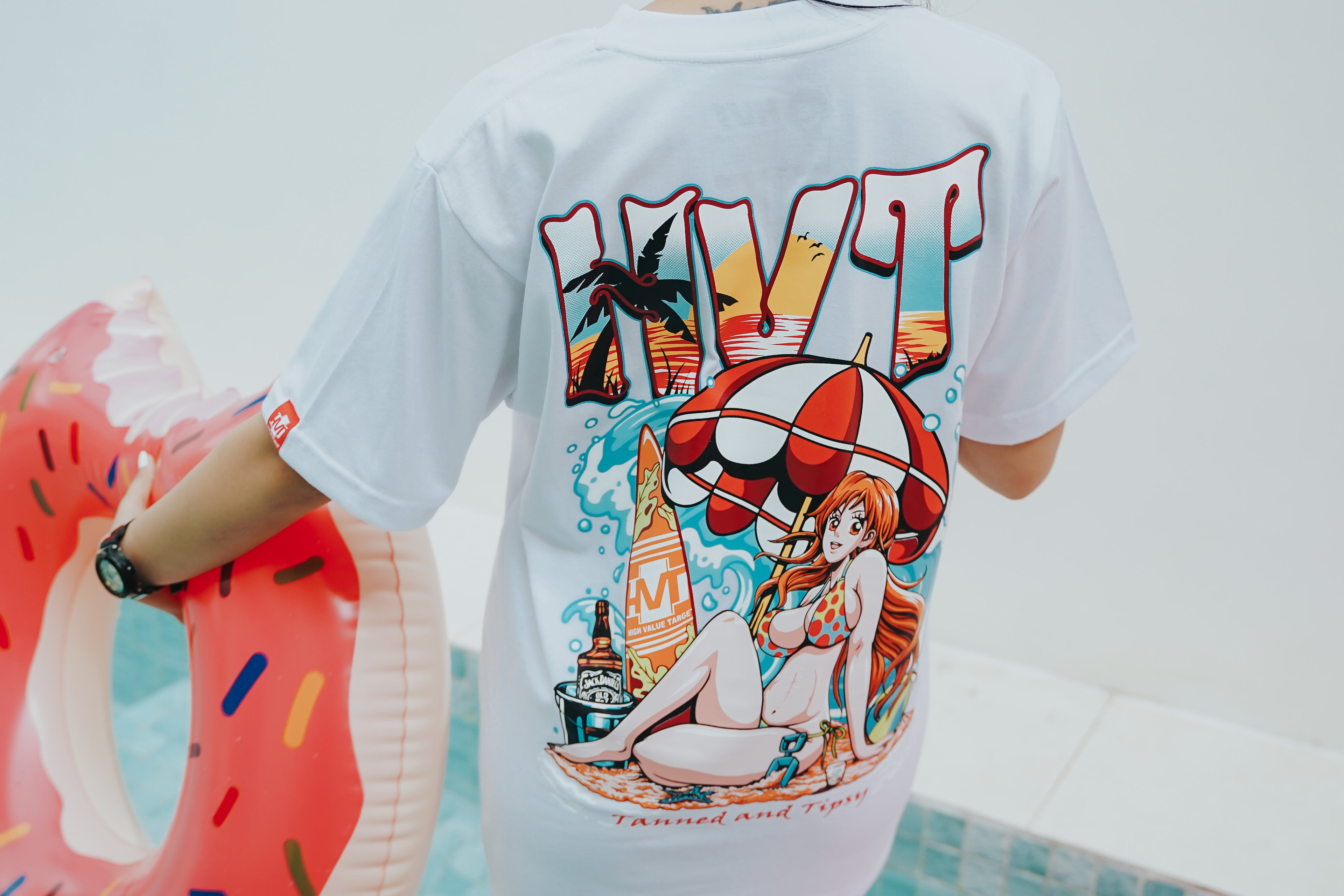 HIGH VALUE TARGET "HVT Tanned and Tipsy" WHITE CVC Cotton Unisex T-SHIRT