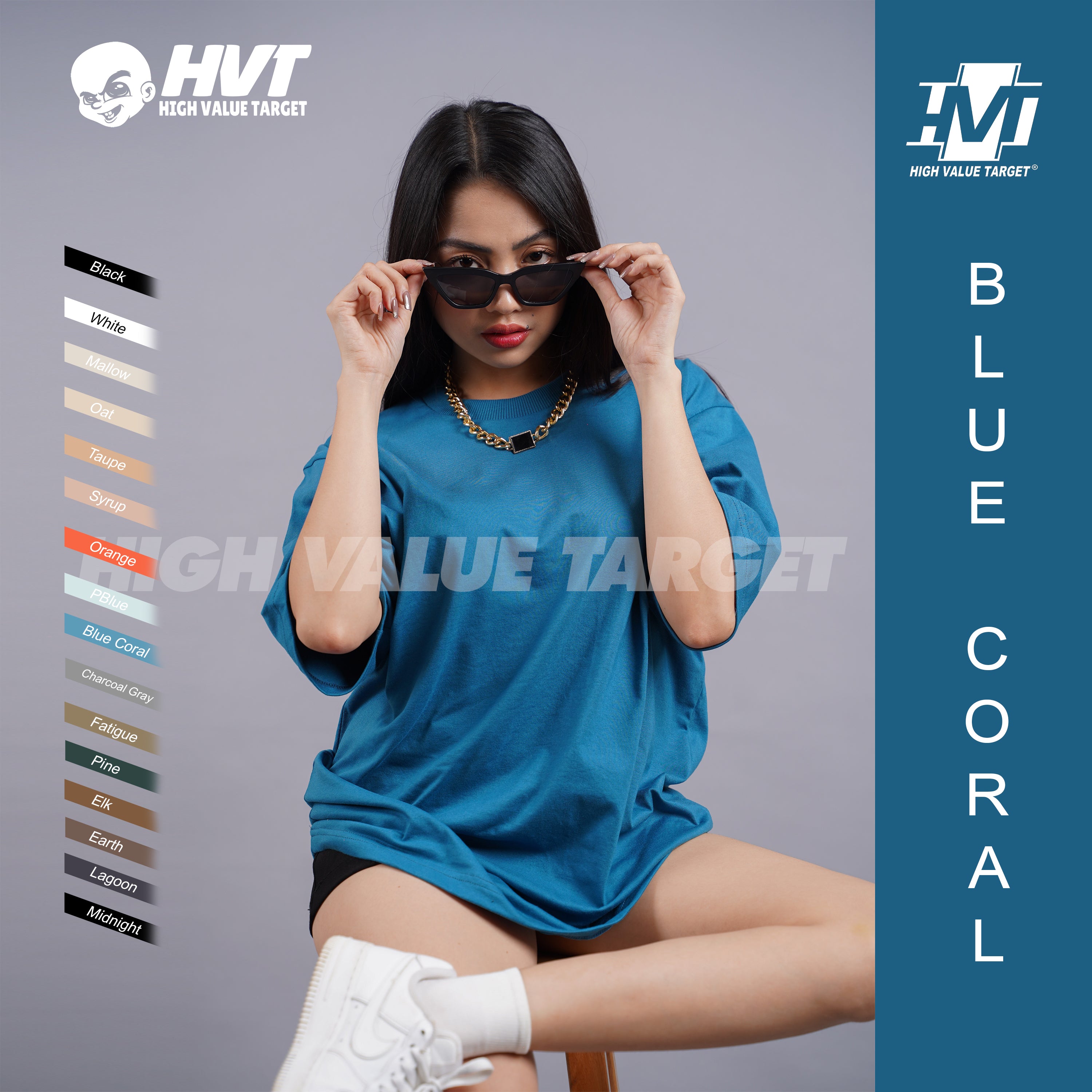 BLUE CHARCOAL - CORAL TEE - HVT Premium Quality Oversized Plain Crewneck T-shirts - Unisex Heavy Hybrid Soft Cotton Shirts - Menswear and women Casual Tshirt