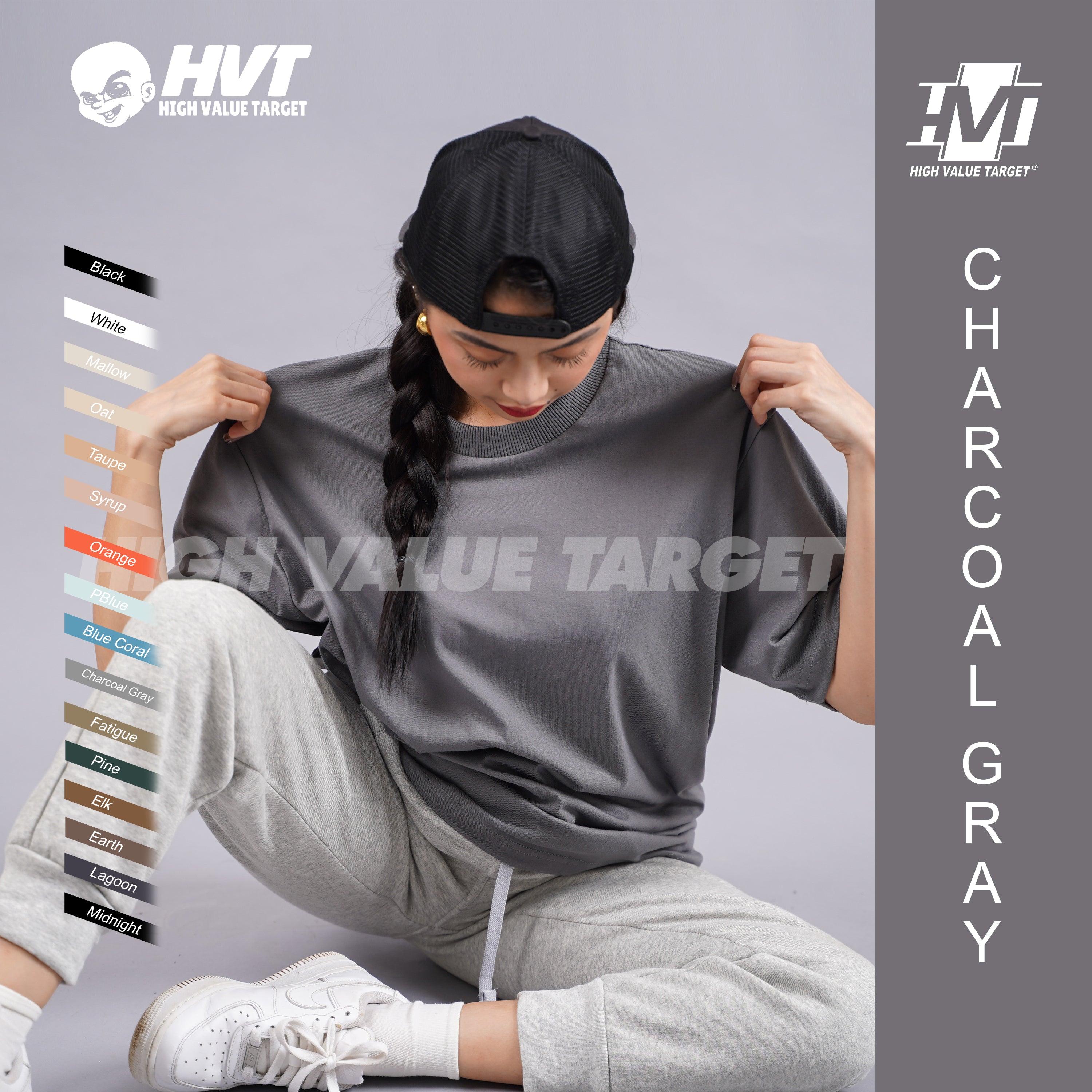DARK GRAY - CHARCOAL  - HVT Premium Quality Oversized Plain Crewneck T-shirts - Unisex Heavy Hybrid Soft Cotton Shirts - Menswear and women Casual Tshirt