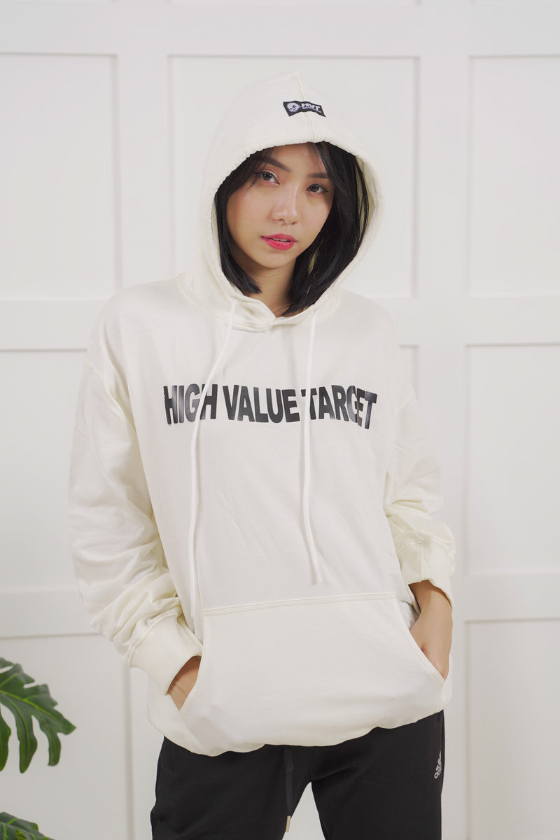 Cream hoodie featuring HVT logo on chest, clean minimal streetwear design with bold lettering front print