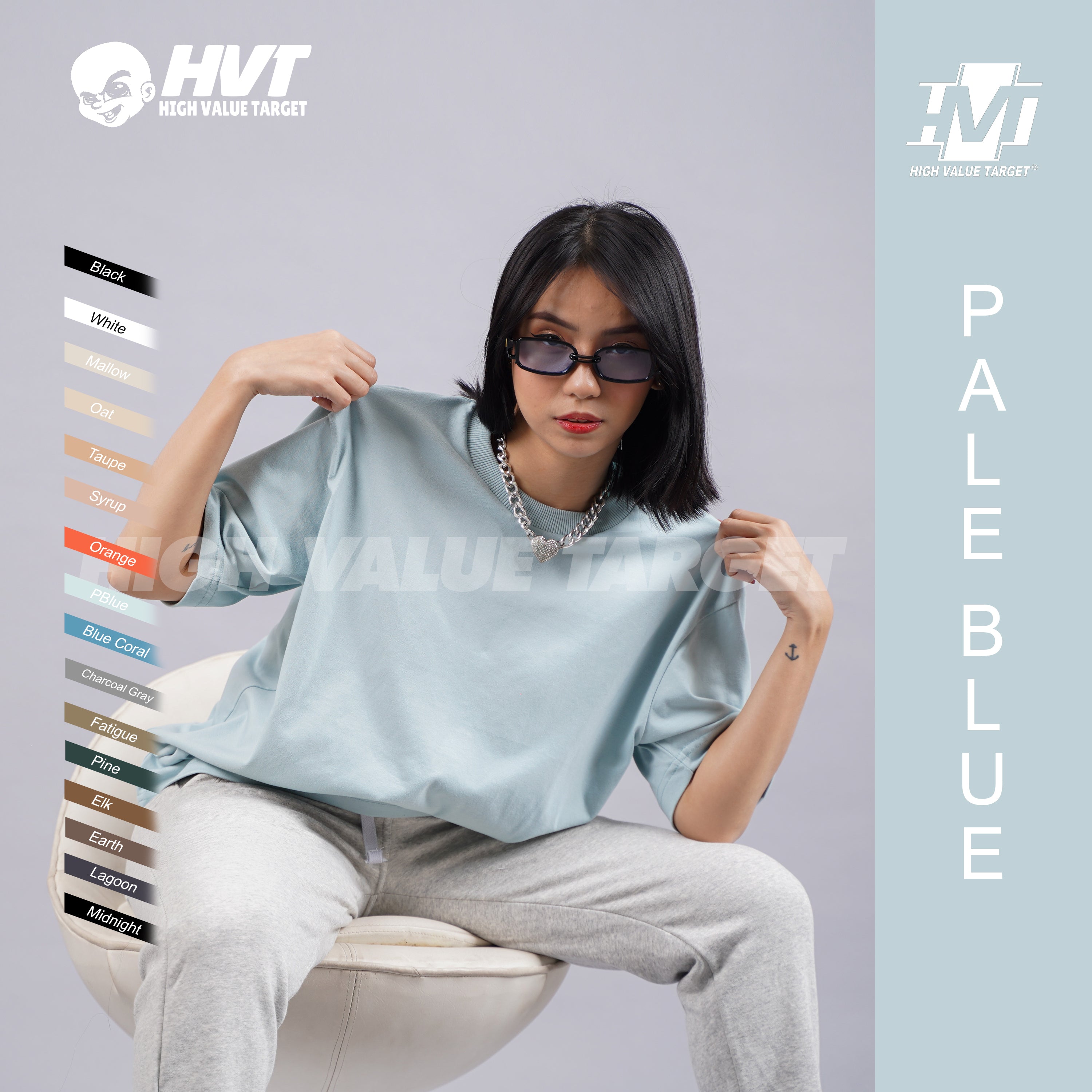 PALE BLUE - HVT Premium Quality Oversized Plain Crewneck T-shirts - Unisex Heavy Hybrid Soft Cotton Shirts - Menswear and women Casual Tshirt