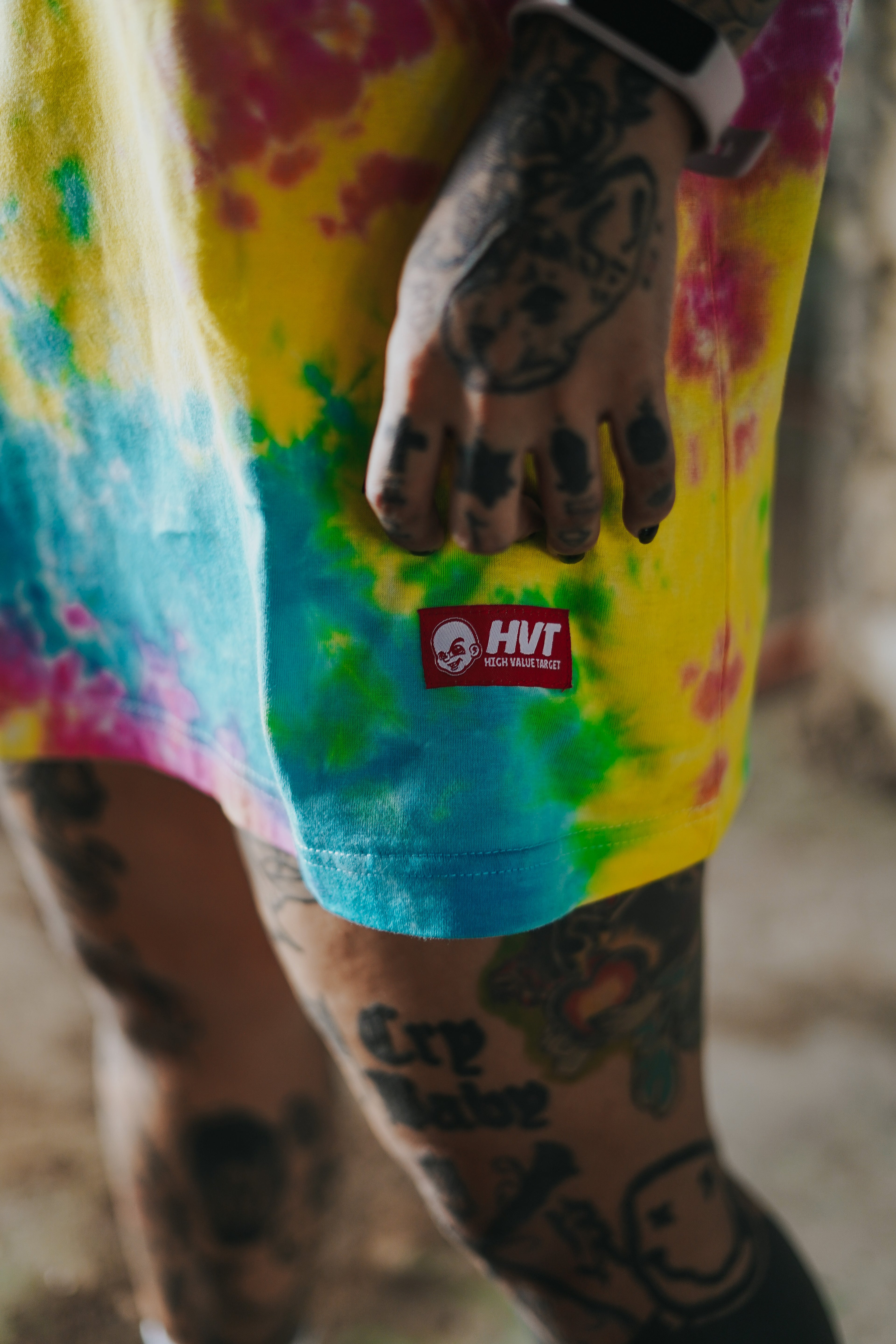 Tie dye pastel shirt with High Value Target text on front, vibrant color mix and clean minimal streetwear style