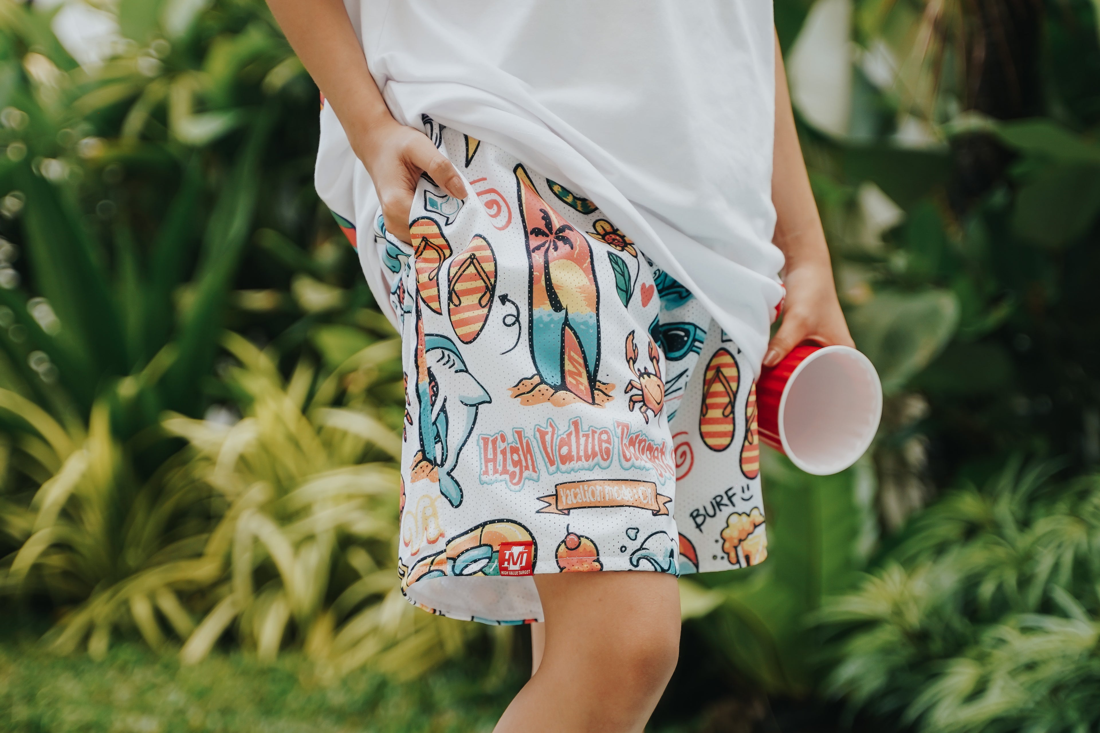 Summer mesh shorts featuring travel inspired symbols and Vacation Mode On wording, breathable and relaxed fit design